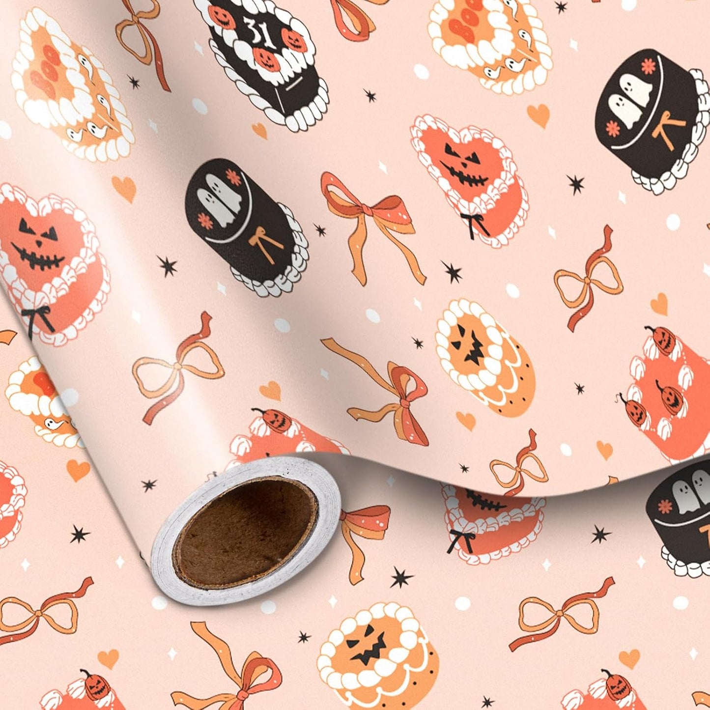 LeZakaa Halloween Cake Wrapping Paper Roll, Cute Halloween Cakes with Ghosts Pumpkins Bows Design, for Trick-or-Treat Party, Girls Women Bakers, Mini Roll 17 in x 16.4 Ft