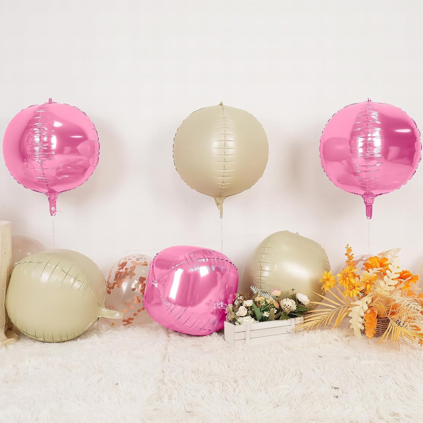 6Pcs Pink Cream White Round Foil Balloons,Giant 4D Round Ball Balloon,22 Inch Metallic Pink Cream White Balloons for Birthday Wedding Baby Shower Party Decorations