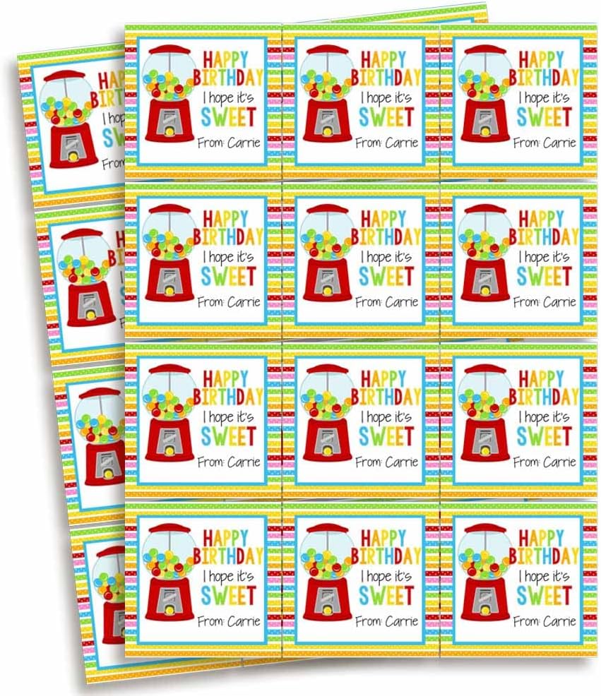 Custom & Personalized Sweet Gumball Happy Birthday Gift Tag Sticker Labels, 24 2.5" Square Stickers by Amanda Creation