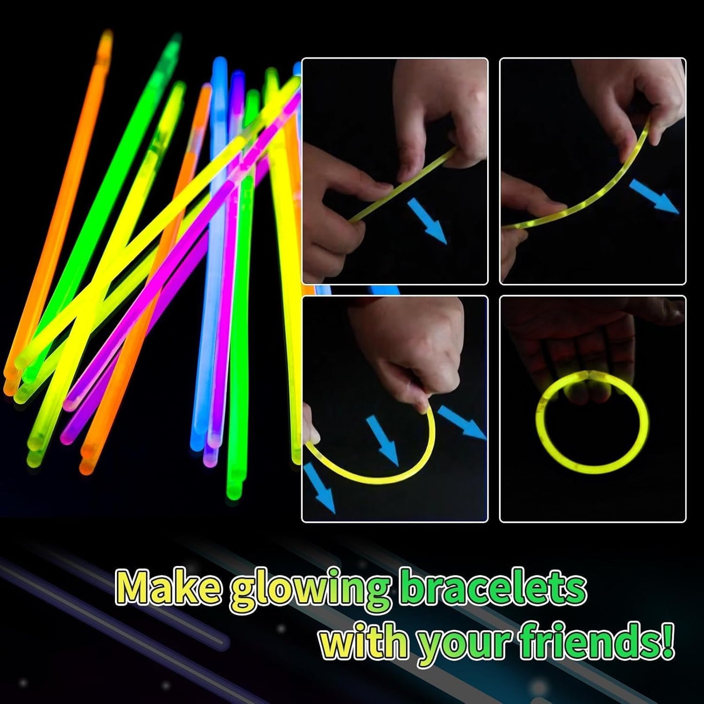 200 Pack 8'' Glow Sticks Bulk Party Favors Blue Light Up Sticks with Connectors Neon Glow in the Dark Party Supplies Bracelets for Holiday Birthday Party Decoration(Blue)