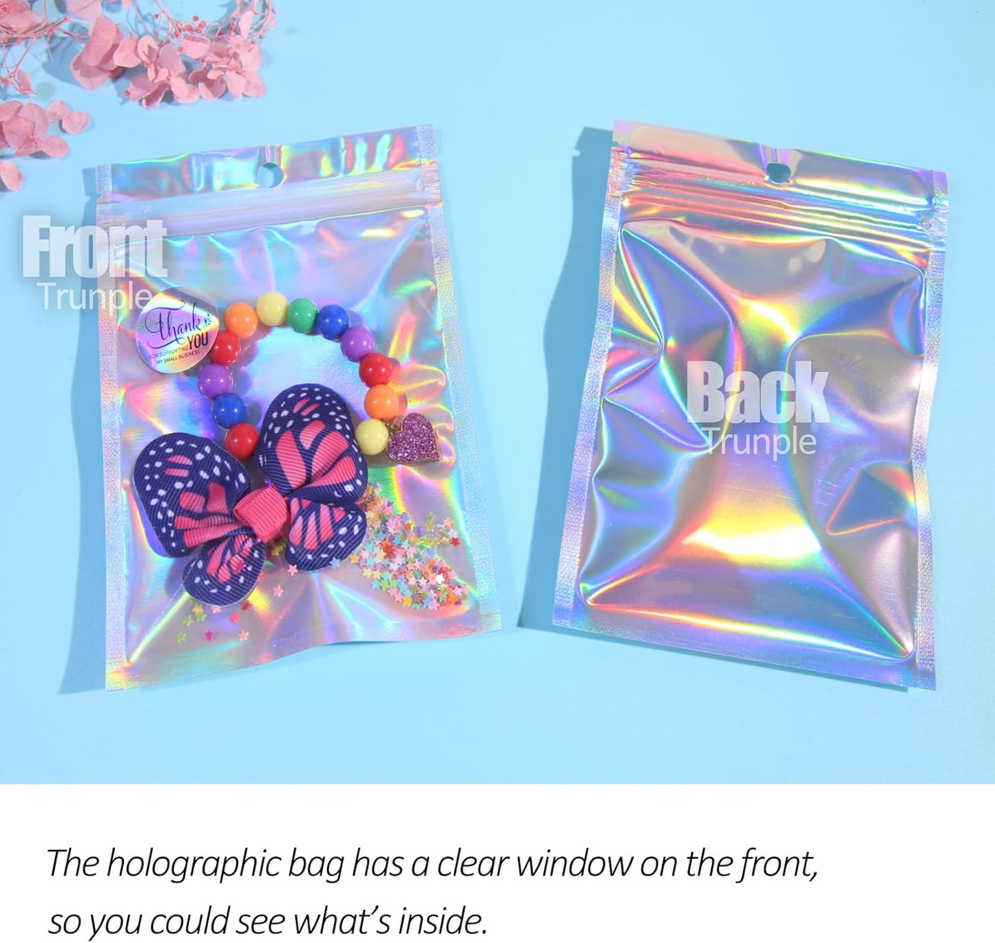 100 Pcs Holographic Resealable Packaging Bags for Small Business Supplies, Cute Small Color Smell Proof Foil Pouch Plastic Baggies for Lip Gloss Soap Party Food Storage (4x6 inch)