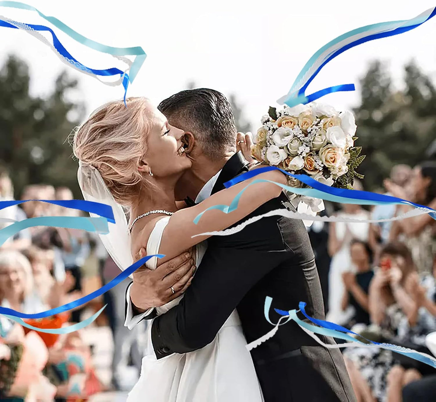 100 Pack Blue Lace Wedding Ribbon Wands Streamers with Bells Silk Fairy Wands Sticks Wedding Exit Ribbon for Party Activities Bridal Shower Send Off Holiday Celebration