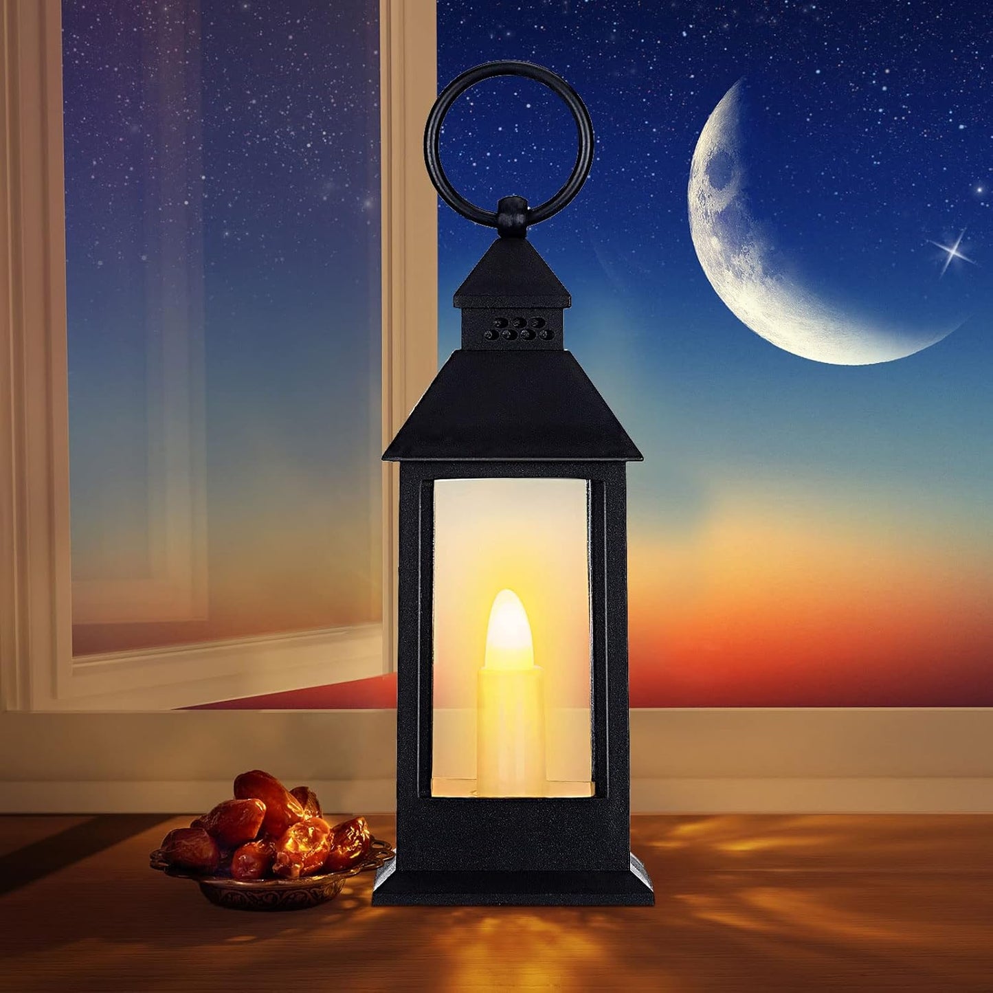 Hoolerry 24 Set Halloween Mini Lanterns with LED Candles 5.5'' Decorative Hanging Small Vintage Lantern Centerpiece Battery Powered for Wedding Table(Black)