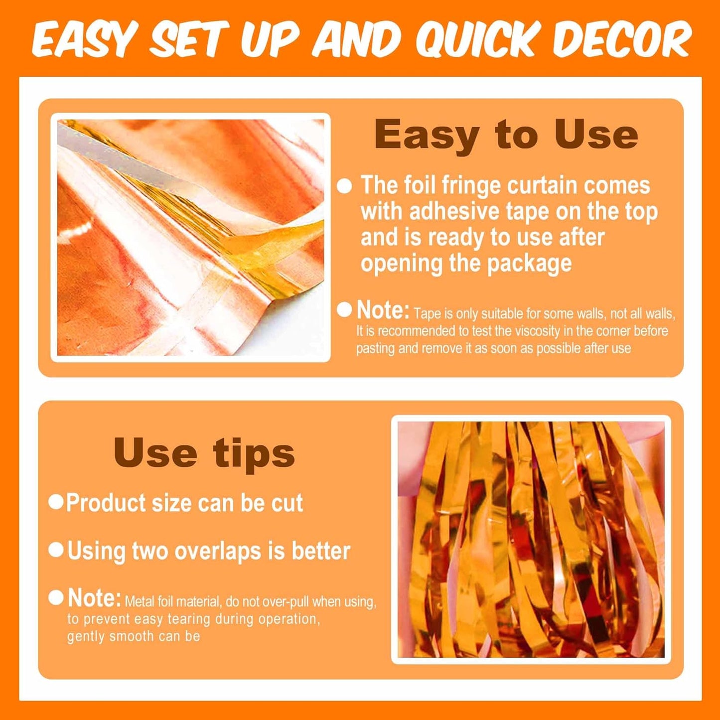 6 Pack Orange Foil Fringe Curtains Backdrop, 3.28 x 8.2 Ft Metallic Streamers Tinsel Curtains Background for Photo Booth, Birthday, Weddings, Carnivals, Graduation, Themed Party Decorations