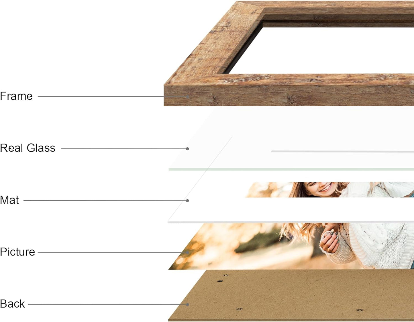 8x12 Picture Frame Set of 4 with High Definition Real Glass, Display 6x8 Pictures with Mat or 8 x 12 Without Mat, Rustic Brown Wood Photo Frames for Tabletop and Wall Mounting