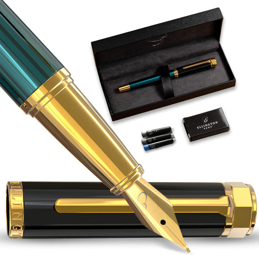 Ellington Pens Luxury Fountain Pen Set- Fountain Pens for Writing - Smooth Extra Fine Nib - Includes Refillable Ink Converter, 3 Ink Cartridges [Black & Blue], Gift Box - Elegant Calligraphy
