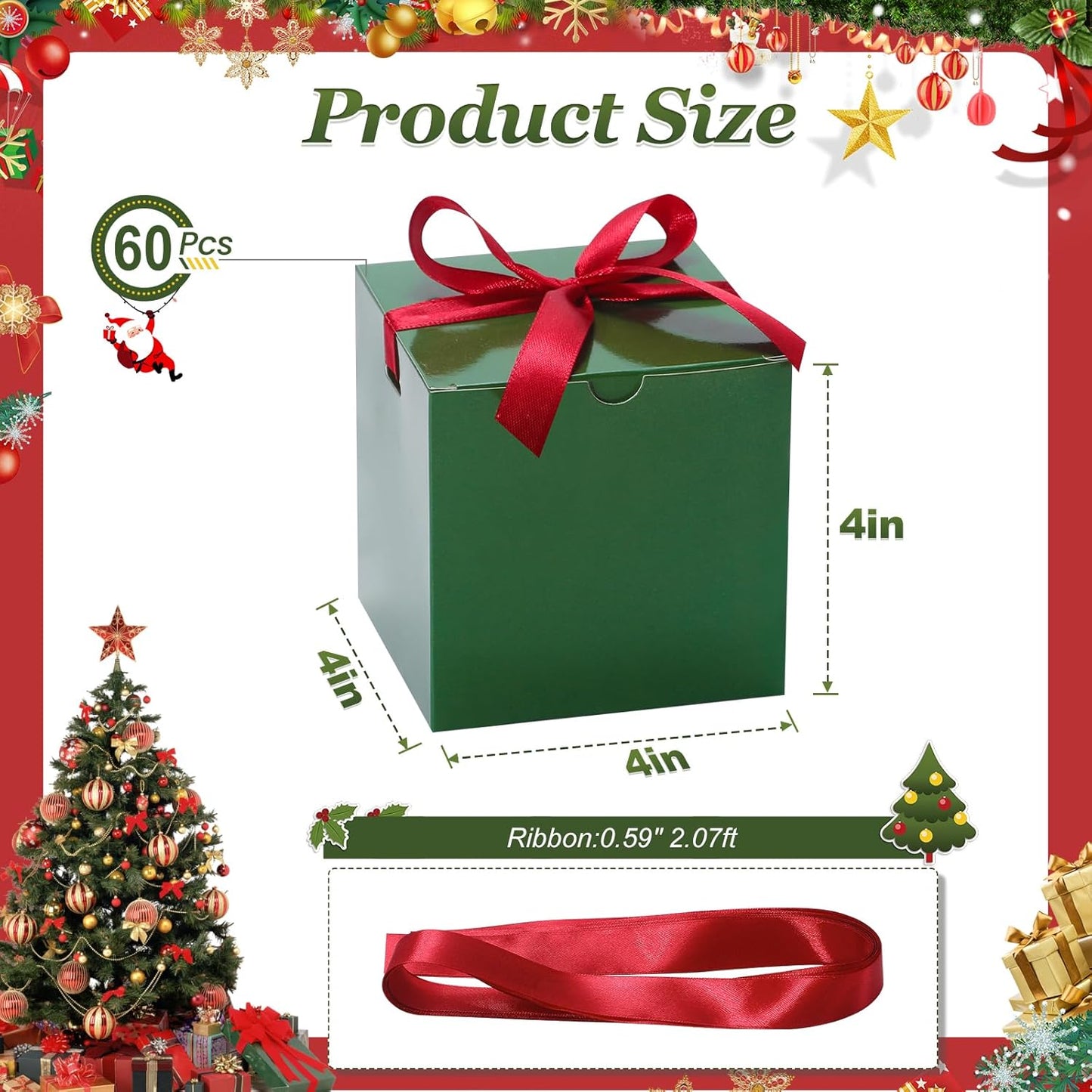 DOYIDE Small Gift Boxes, 60 Pcs 4x4x4 Inch Green Elegant Paper Box with Ribbons, Party Favor Boxes for Candy Cupcake Christmas Wedding Baby Shower Bridesmaids Birthday