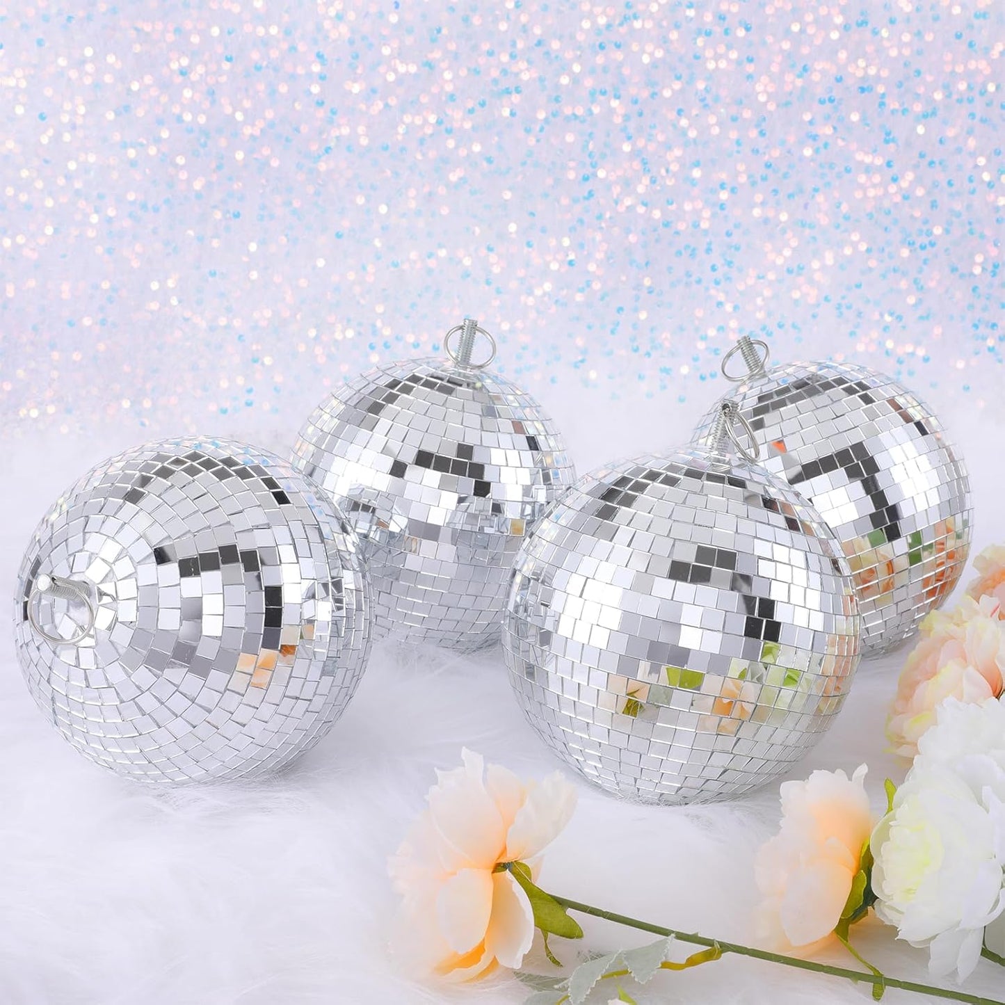 Mirror Disco Ball Silver Mirror Ball: 6 Inches Reflective Hanging Ball - 80s Party Club Stage Props DJ Light Effect Decoration (6''-4PCS)