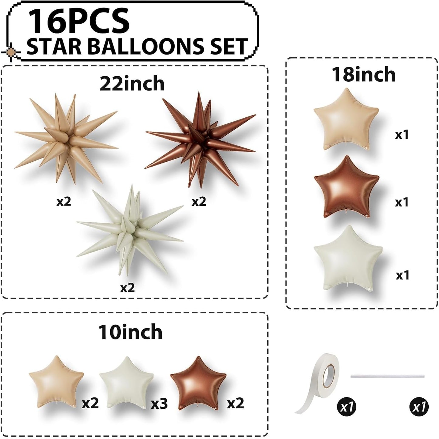 16 Pcs Cream Caramel Brown Star Balloons,22/18/10 Inch Foil Neutral Balloons, Balloon for Kids Girl Boy Birthday Boho Wedding Bridal Baby Shower Party Decorations