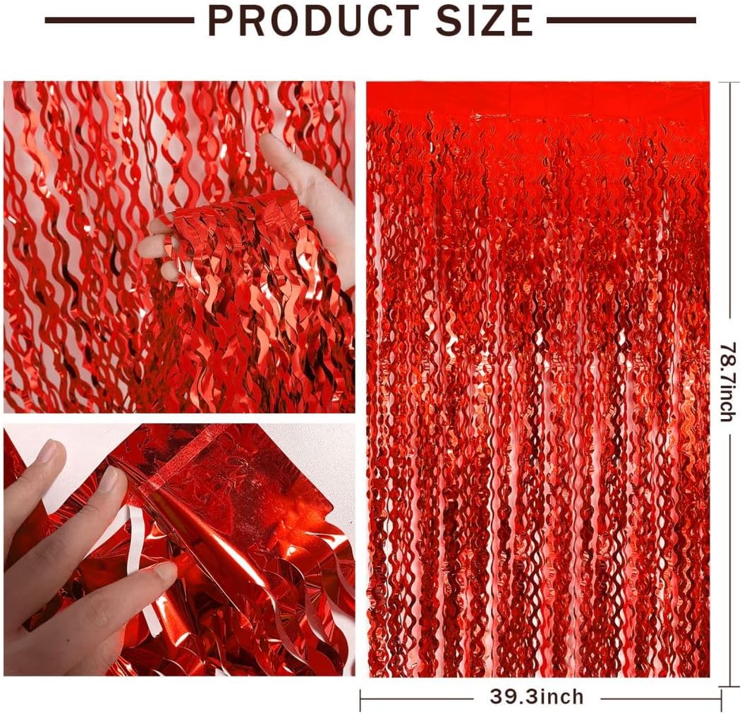 Red Curtains Tinsel Backdrop Foil Fringe Sonic Backdrop,10pcs Wave Red Doorway Streamers Party Decorations for Birthday Cherry Decor Wedding Anniversary Valentines Day Carnival Casino Theme Party