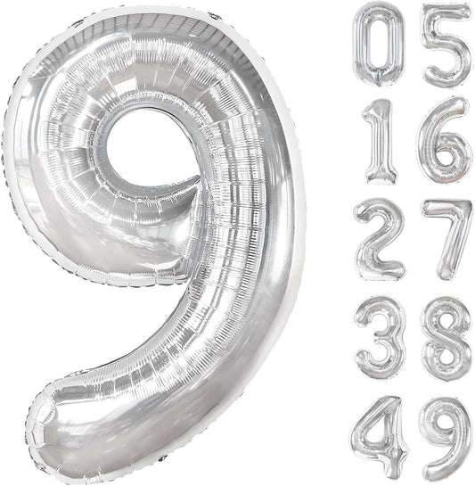 40 Inch Big Silver 9 Balloon Number, Jumbo Giant Happy 9th 19 29 39 49 99 Birthday Party Decorations, Large Nine Mylar Foil Anniversary Birthday Party Engagement Decorations