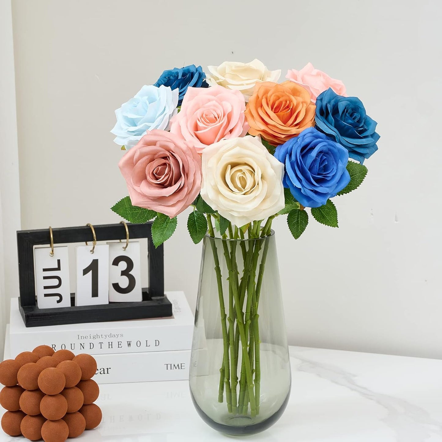 Artificial Rose 10pcs Ice Blue Open Flower Bouquet Faux Rose Stems for Wedding Arrangement, Bridal Bouquet, Centerpiece, Fake Faux Silk Flowers (Ice Blue)