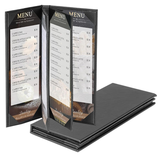2 Pack 6 View Menu Holder Menu Covers 4.25" x 11" | Black Leather Menu Sleeves Book Style for Restaurant Coffee Bars Wine List