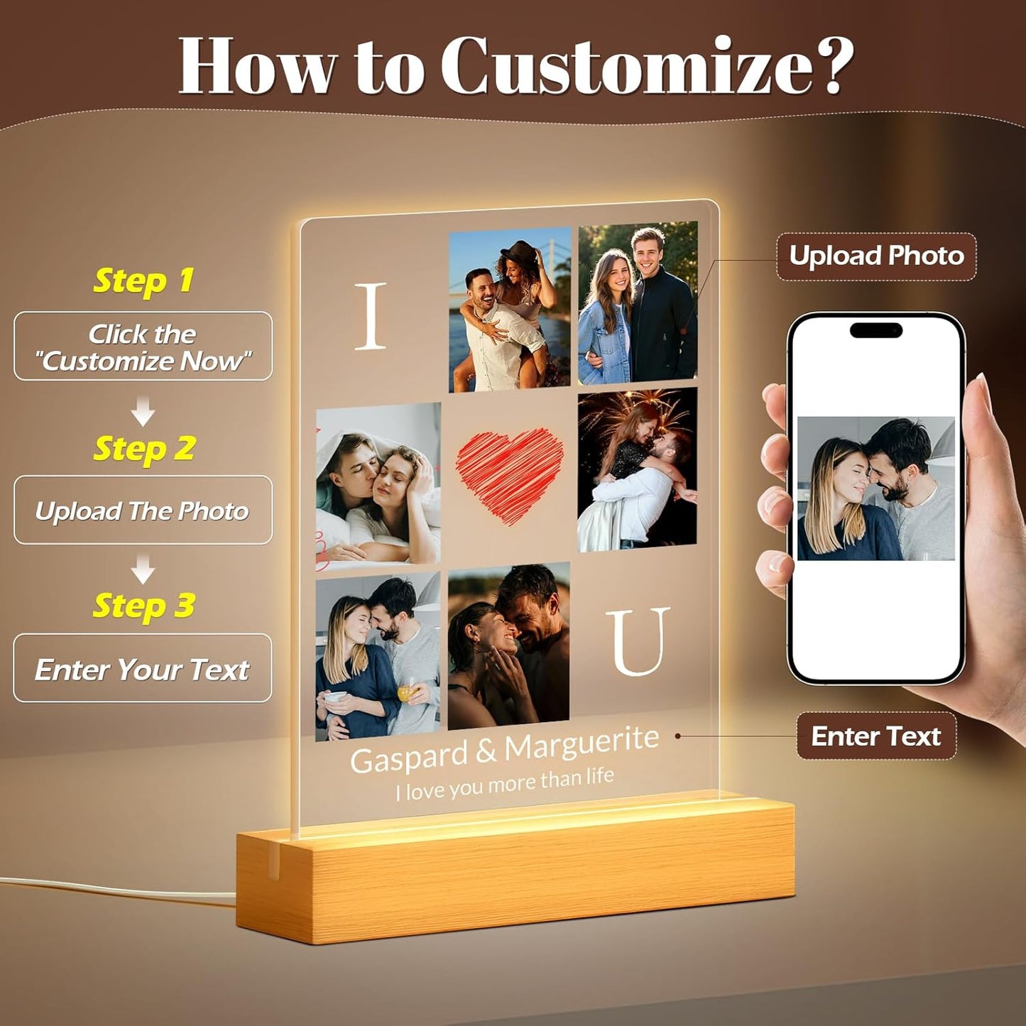 Personalized Photo Frame with Night Light, Custom Picture Frames with Photo, Customized Acrylic Plaque Frame, Personalized Anniversary Birthday Gifts for Women, Men, Him, Her, Couple, Husband, Wife