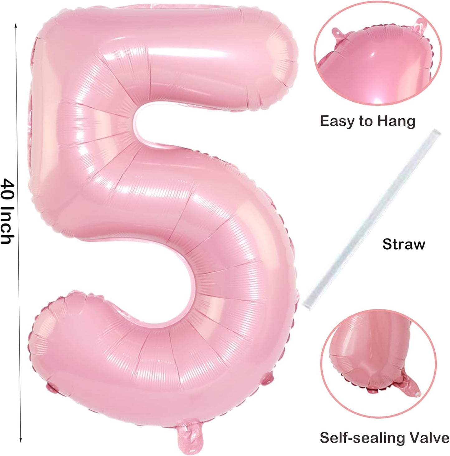 Light Pink 5 Number Balloons 40 Inch Big Foil Helium Number Balloons 0-9 Jumbo Pastel Pink Digital 5 Happy 5th 15th 50 th Mylar Birthday Party for Girl Anniversary Graduation Party Decoration