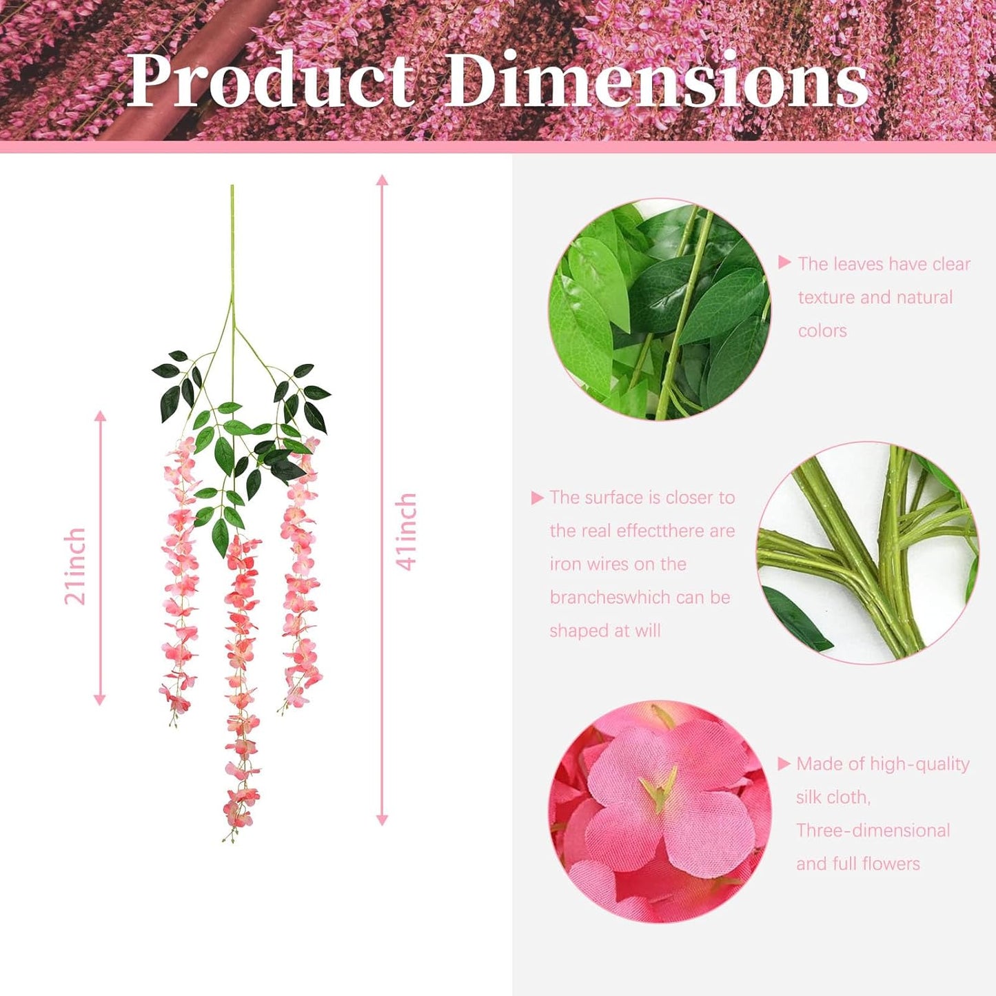 5 Pack Dark Pink Wisteria Hanging Flowers, 3.44 Ft Fake Hanging Flowers, Artificial Wisteria Garland Vines for Wedding Room Backdrop Outdoor Patio Garden Decoration