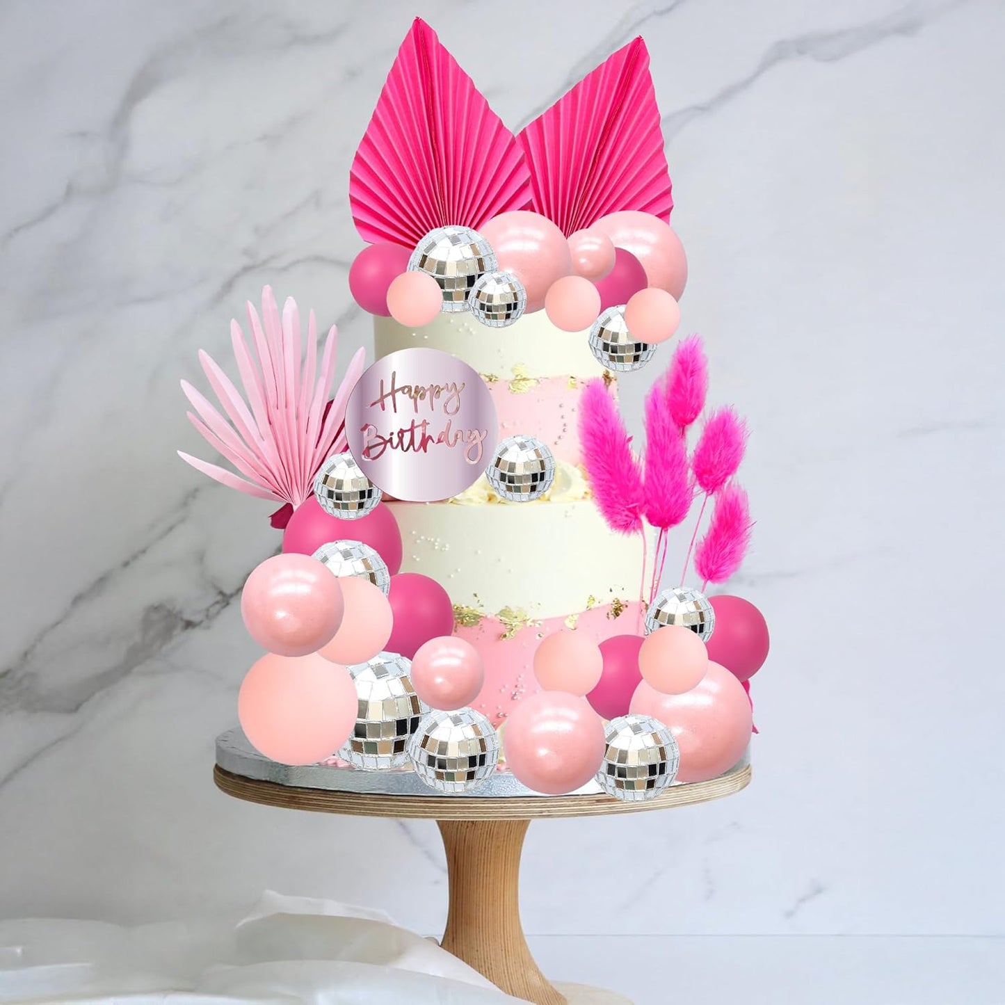 Ephlyn 33 Pack Balls Cake Toppers Boho Palm Leaves Cake Decorations Round Acrylic Happy Birthday Cupcake Toppers for Birthday Wedding Baby Shower Party Supplies Silver Rose Red