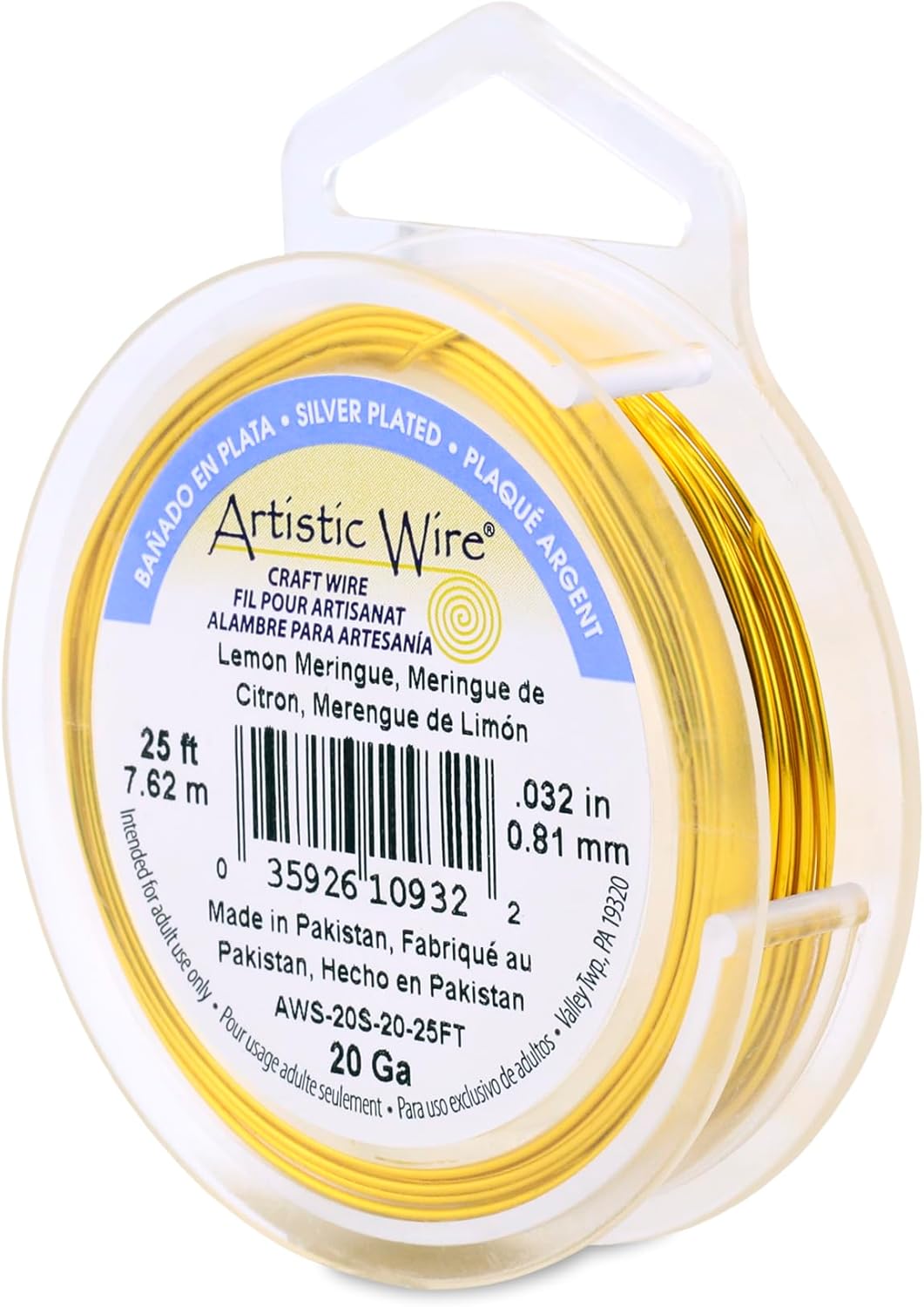 Artistic Wire, 20 Gauge Silver Plated Tarnish Resistant Colored Copper Craft Wire, Lemon Meringue, 25 ft