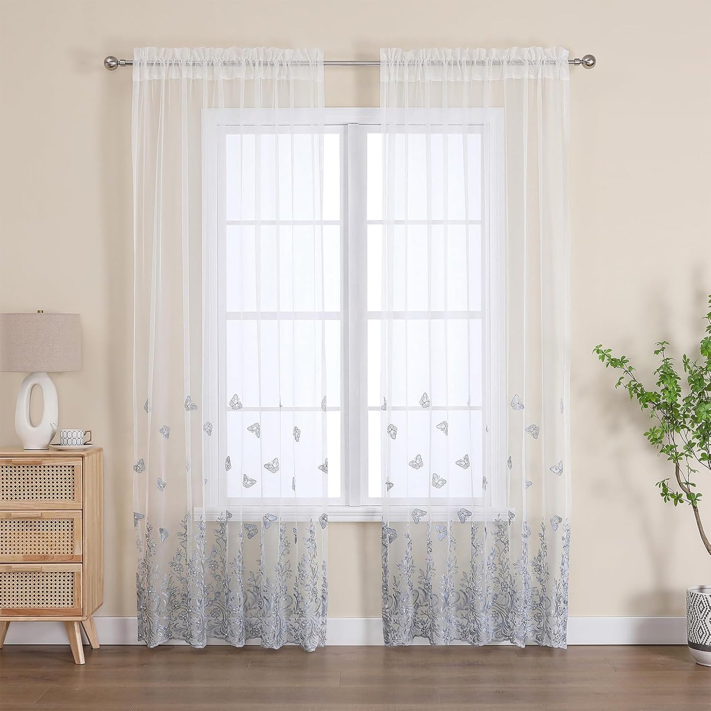 VISIONTEX White Sheer Voile Curtains, Decorative Blue Embossed Butterflies Rod Pocket Window Drapes for Home Kitchen, Living Room and Bedroom 54 x 84 Inch, Set of 2 Curtain Panels