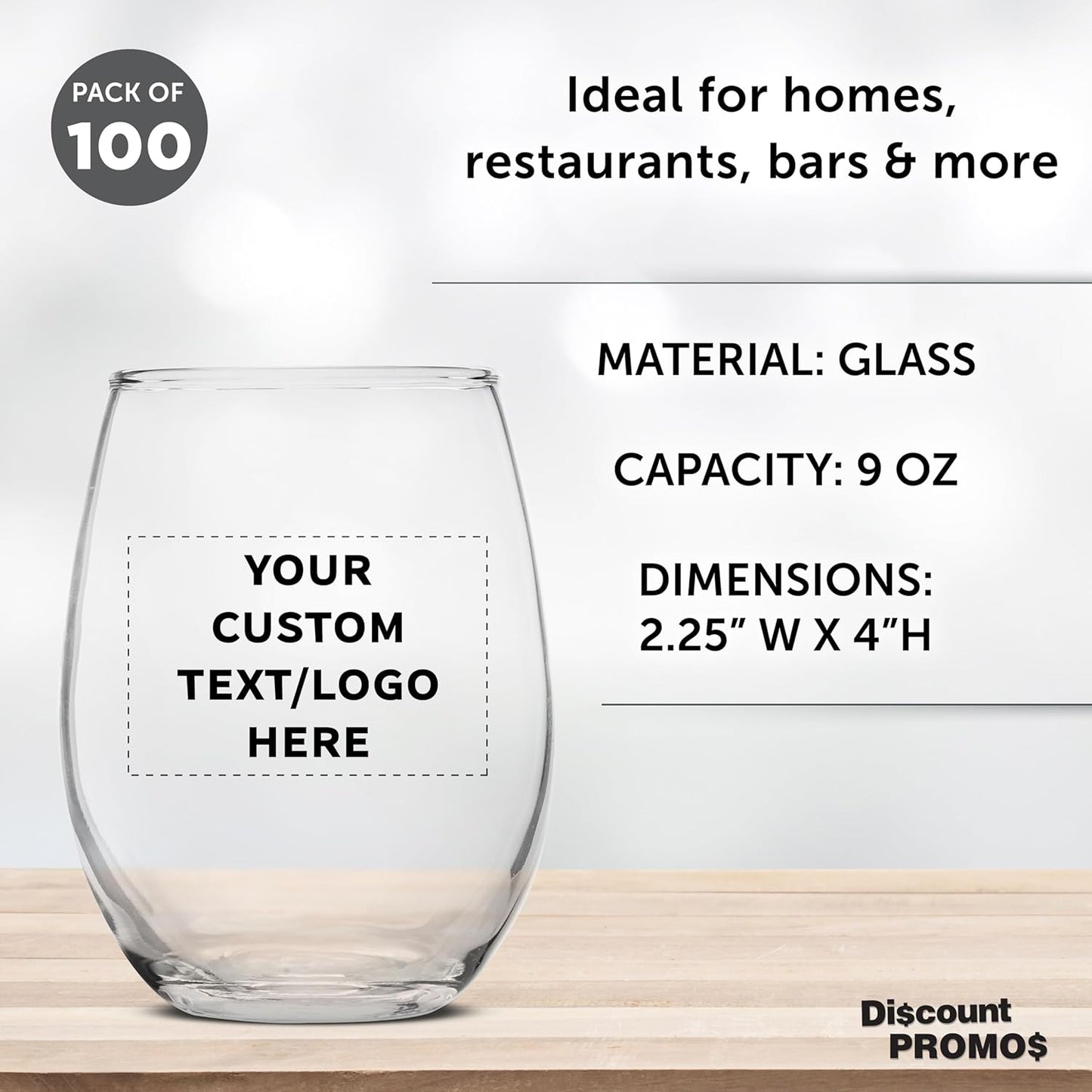 Custom Stemless Wine Glass 9 oz. Set of 100, Personalized Bulk Pack - Great for Wedding Favors, Bachelorette Party Decorations, Party Favors, Color Bottom - Clear