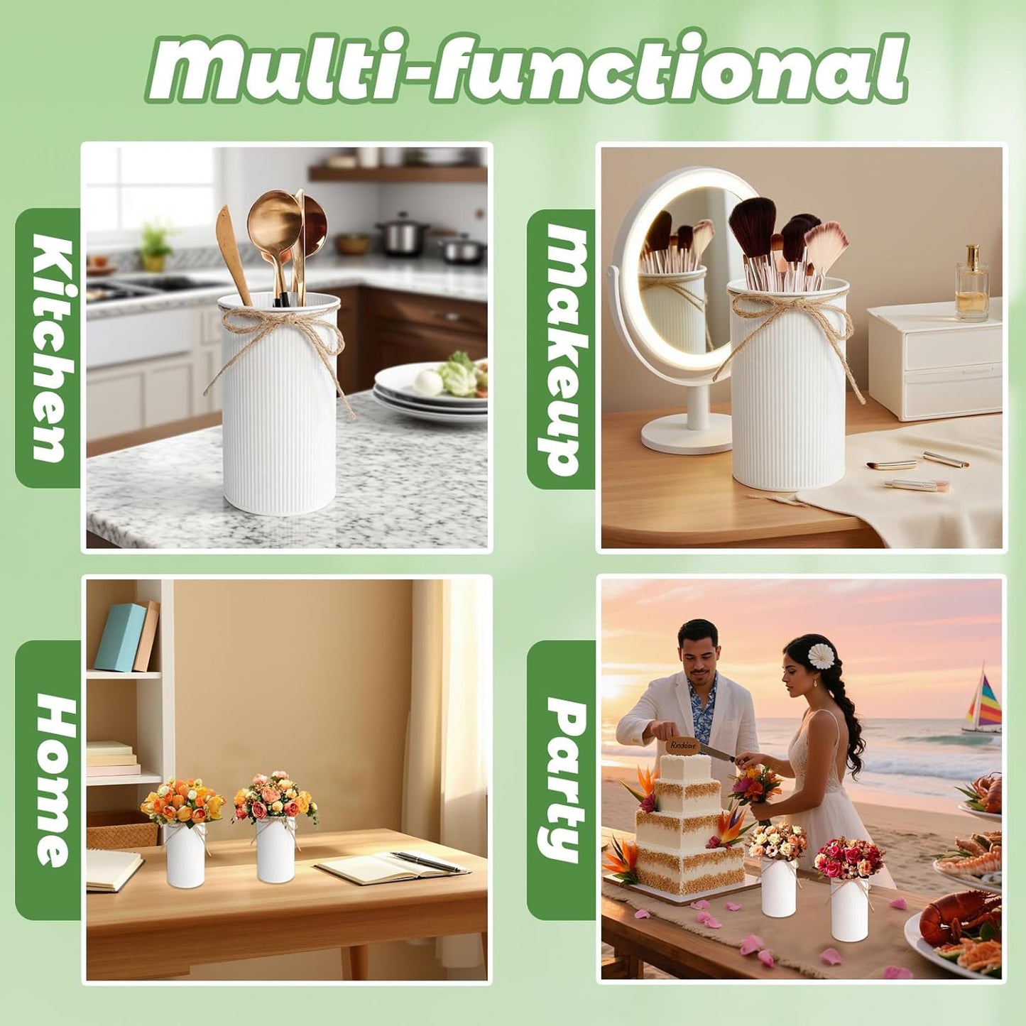 6" High Farmhouse Vases for Centerpiece, Rustic Mason Jars with Twine Bow for Flowers, Vintage Galvanized Metal Vase Tin Bucket for Wedding Home Decor (White, 2Pcs)