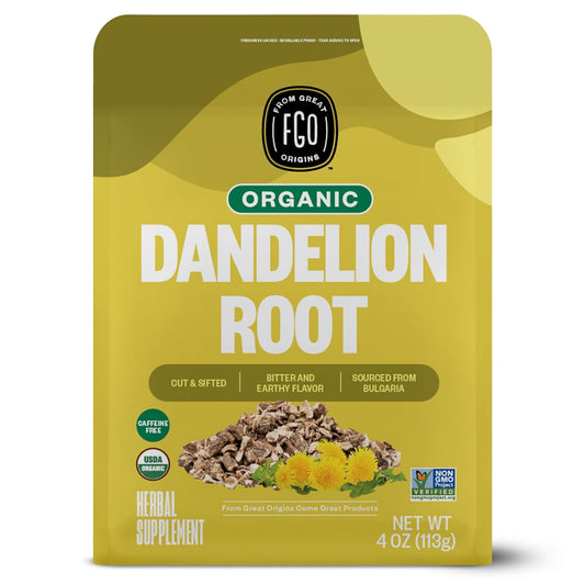 FGO Organic Dandelion Root, Cut and Sifted Loose Tea, 4 Ounce Resealable Bag, Packaging May Vary (Pack of 1)
