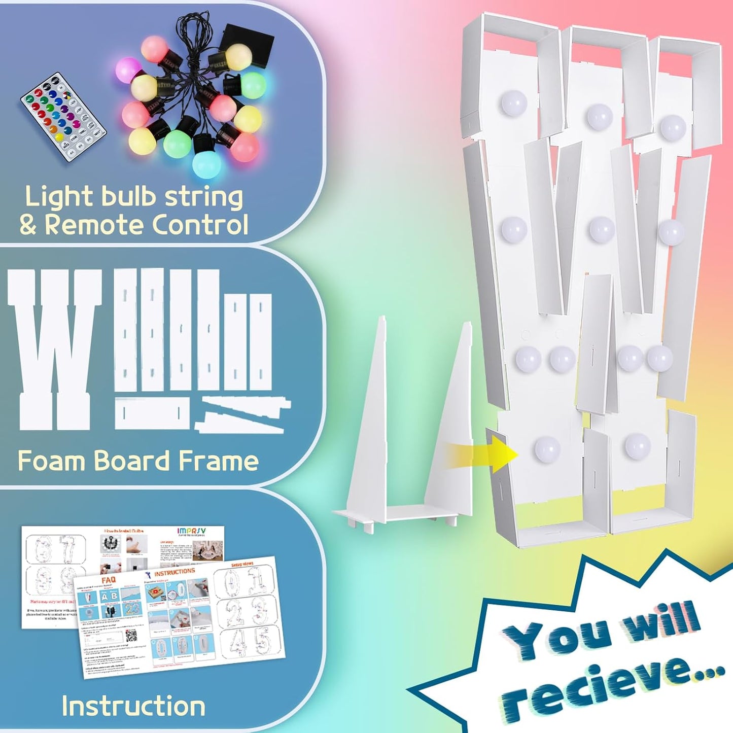 imprsv 4FT Colorful Marquee Light Up Letters W, 18 Colors Light Up Sign Alphabet Sign with Remote, One Letters First Birthday, Large Letters for Birthday Engagement Anniversary Wedding Party Decor