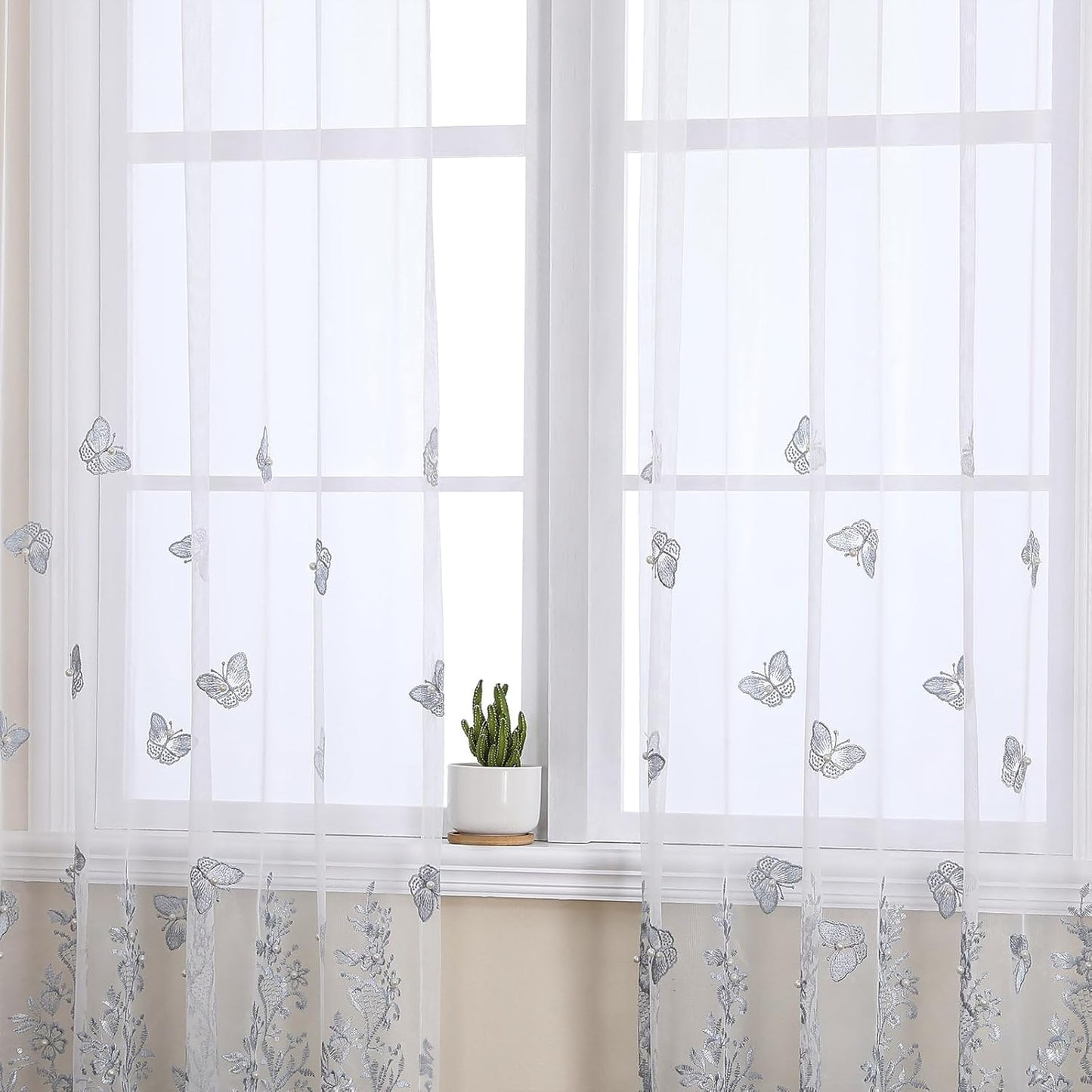 VISIONTEX White Sheer Voile Curtains, Decorative Blue Embossed Butterflies Rod Pocket Window Drapes for Home Kitchen, Living Room and Bedroom 54 x 95 Inch, Set of 2 Curtain Panels