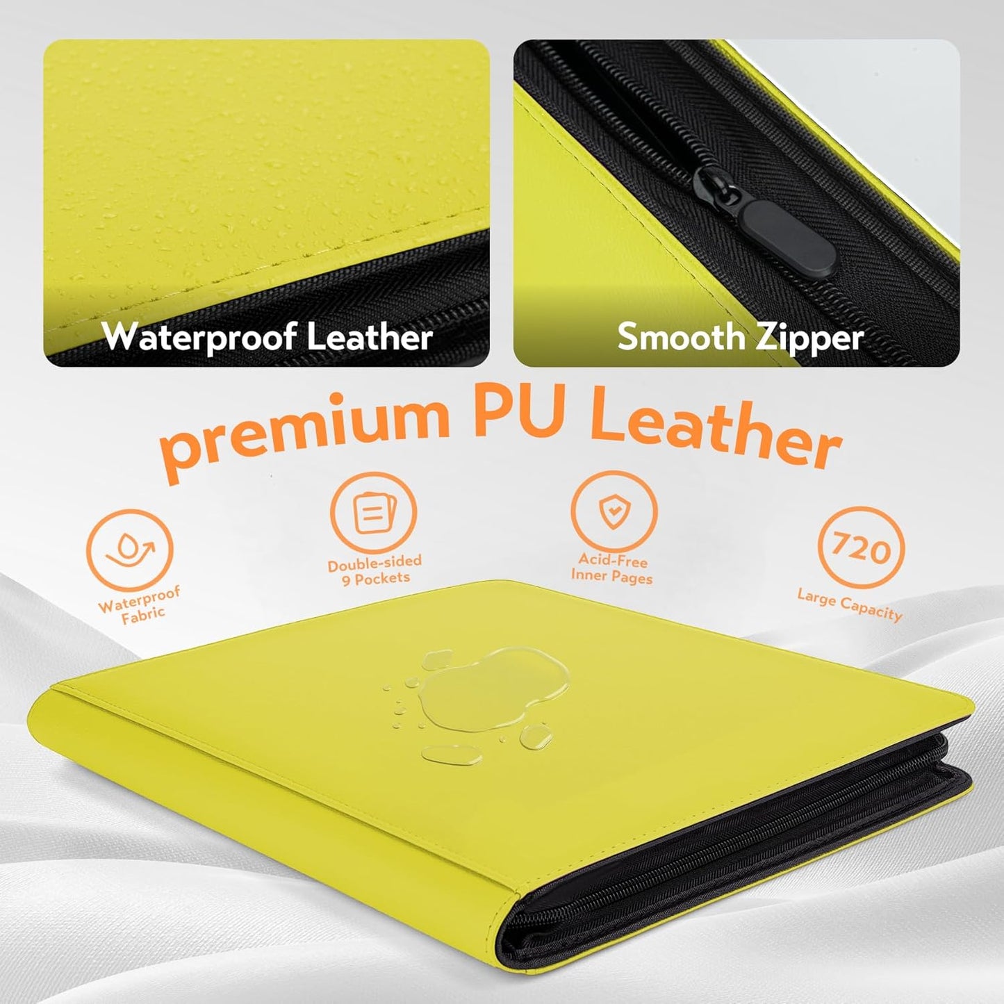 SMYV 12 Pocket Trading Card Binder, Premium PU Cover Card Binder for 720 Cards, Ringless Side Loading Card Collection Album Folders for MTG, TCG, Game Cards & Sports Cards (Yellow)