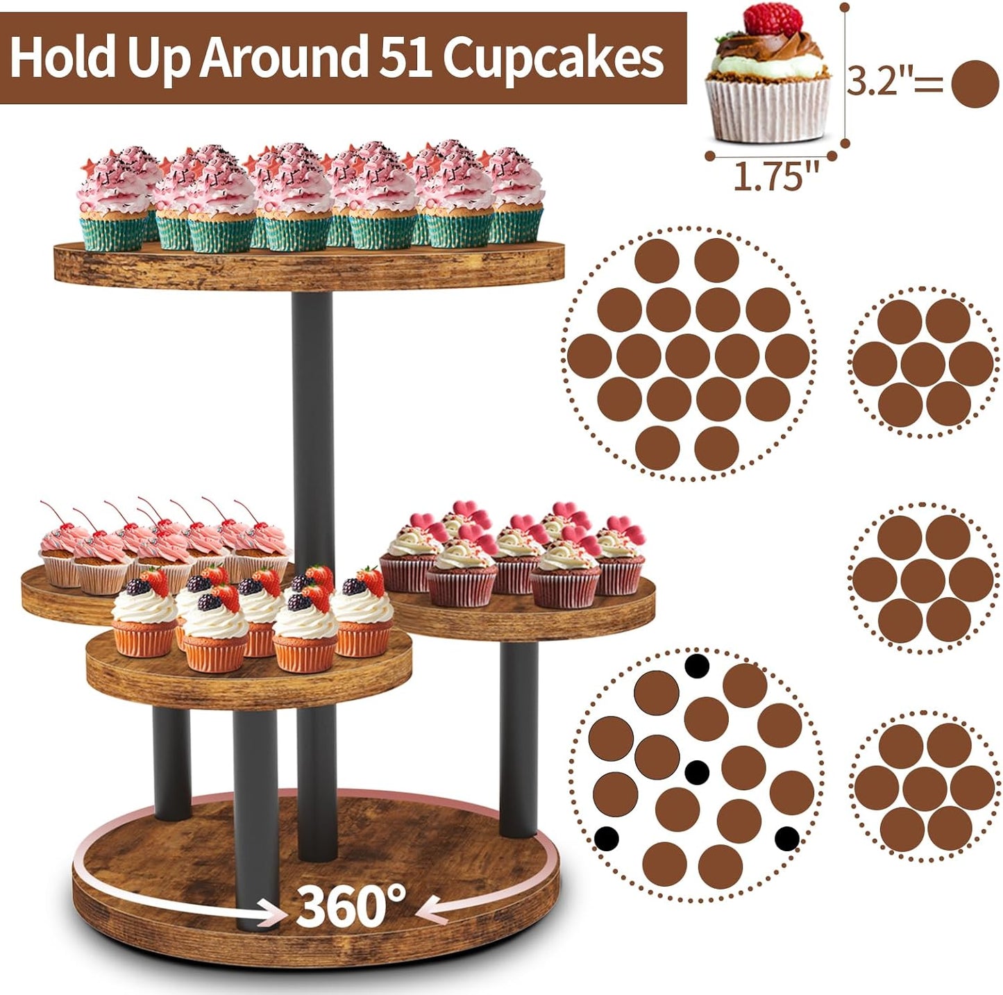 Cupcake Stand, Rotatable Cupcake Stand for 50 Cupcakes, Wood Cake Stand Cupcake Tower, Rustic Dessert Table Display Set Tiered Tray Stand, Round Serving Tray Cake Stands for Party Wedding Birthday