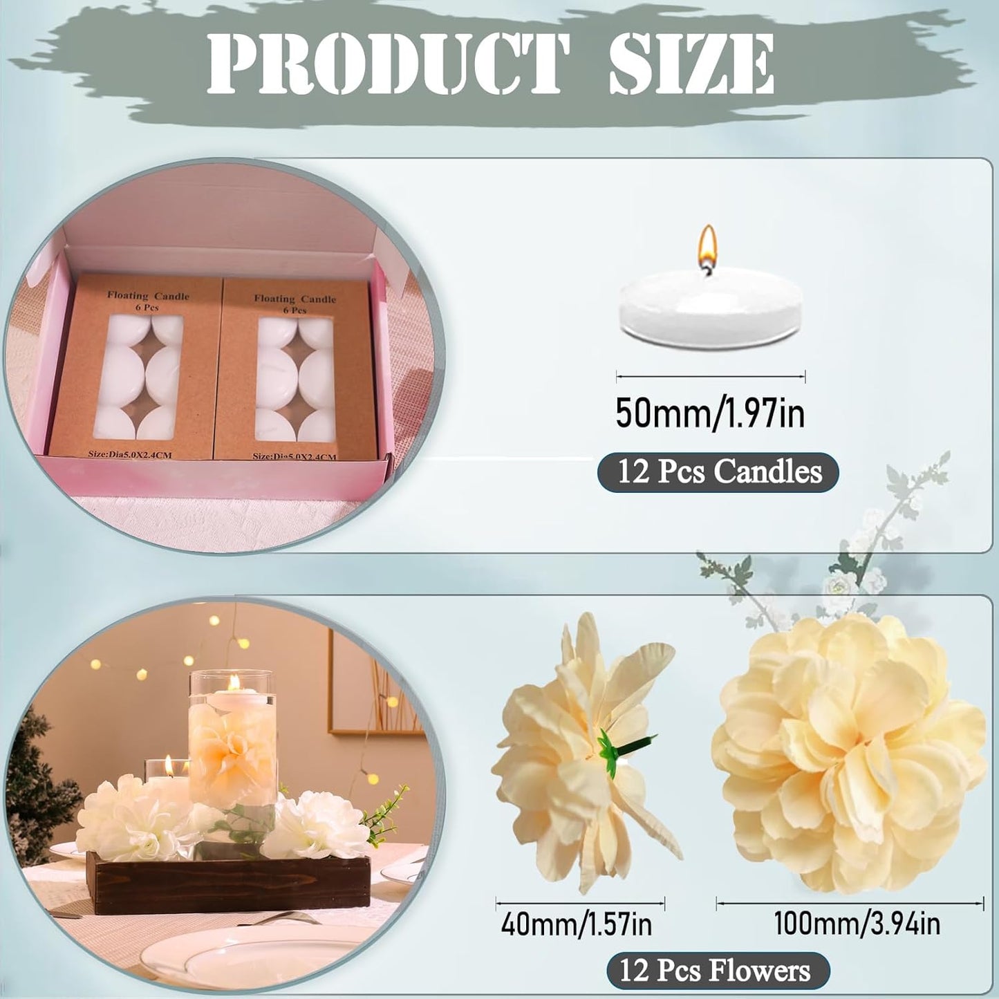24 Pcs Floating Candles for Centerpieces and Floating Flowers Artificial Flowers Head Vase Filler for Party Home Table Wedding Centerpieces Decoration (Champagne)