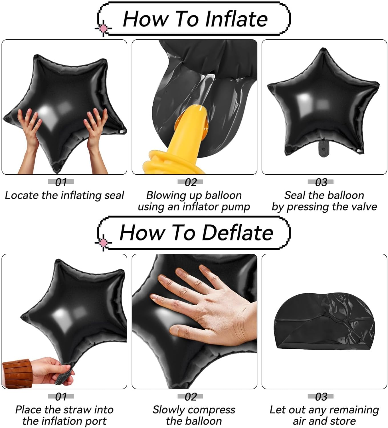 16 Pcs Black Hot Pink Star Balloons, 22/18/10 Inch Foil Balloons, Four-Pointed Balloon for Girl Mermaid Birthday Graduation Wedding Baby Shower Magic Party Decorations