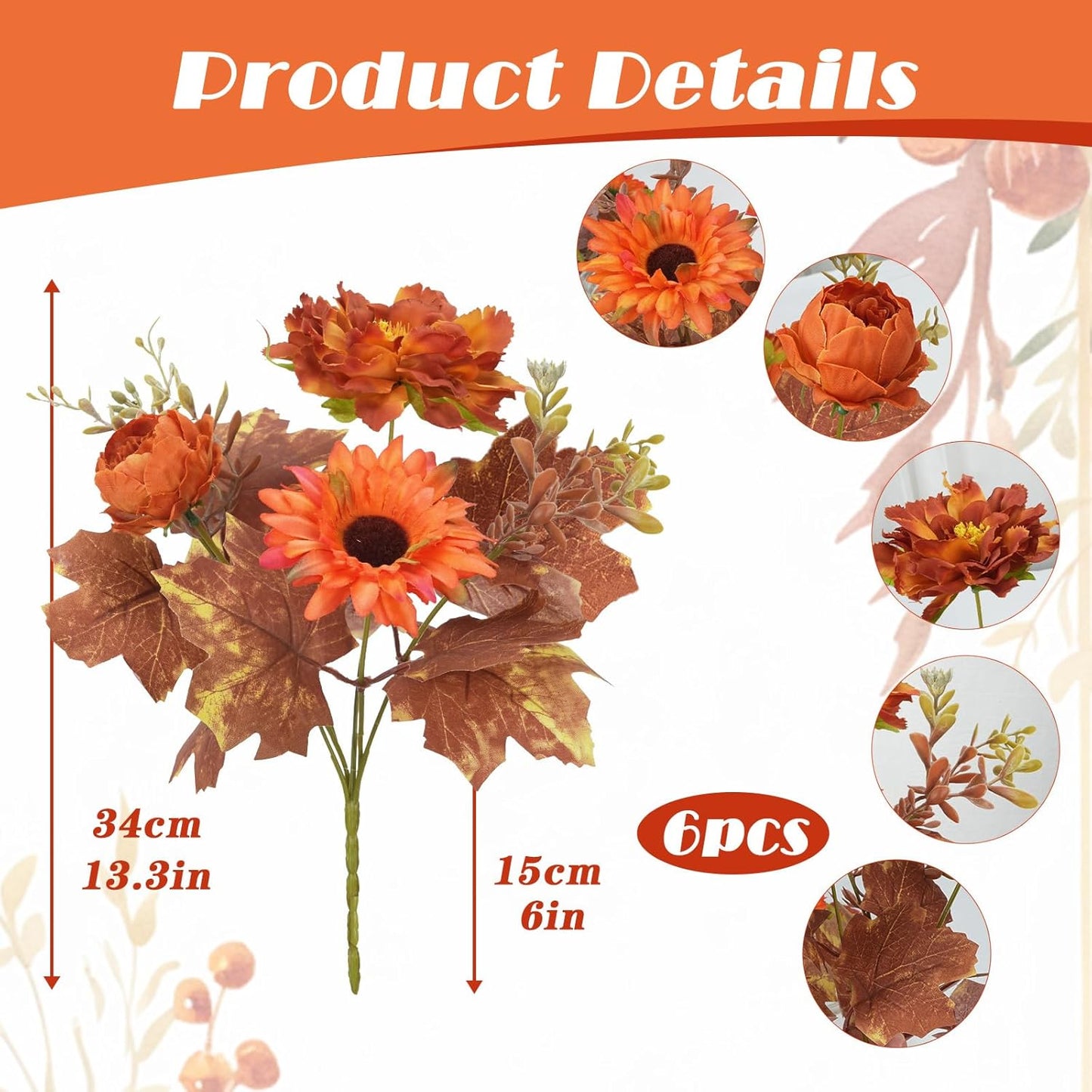 6 Pcs Fall Flowers Artificial for Decoration Silk Burnt Orange Flowers Fall Artificial Sunflowers Bouquet with Fall Leaves Stems 13 Inch Mixed Bush for Outdoor Decoration Cemetery Grave Autumn