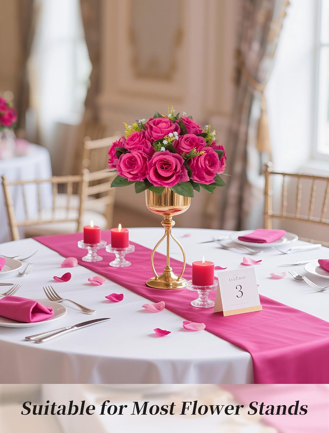 BLOSMON Pink Roses Artificial Flowers: 6 Pcs Hot Pink Fake Flower Balls for Wedding Dinning Table Centerpieces - Fake Silk Kissing Bouquet Floral Arrangement for Home Party Event Decor