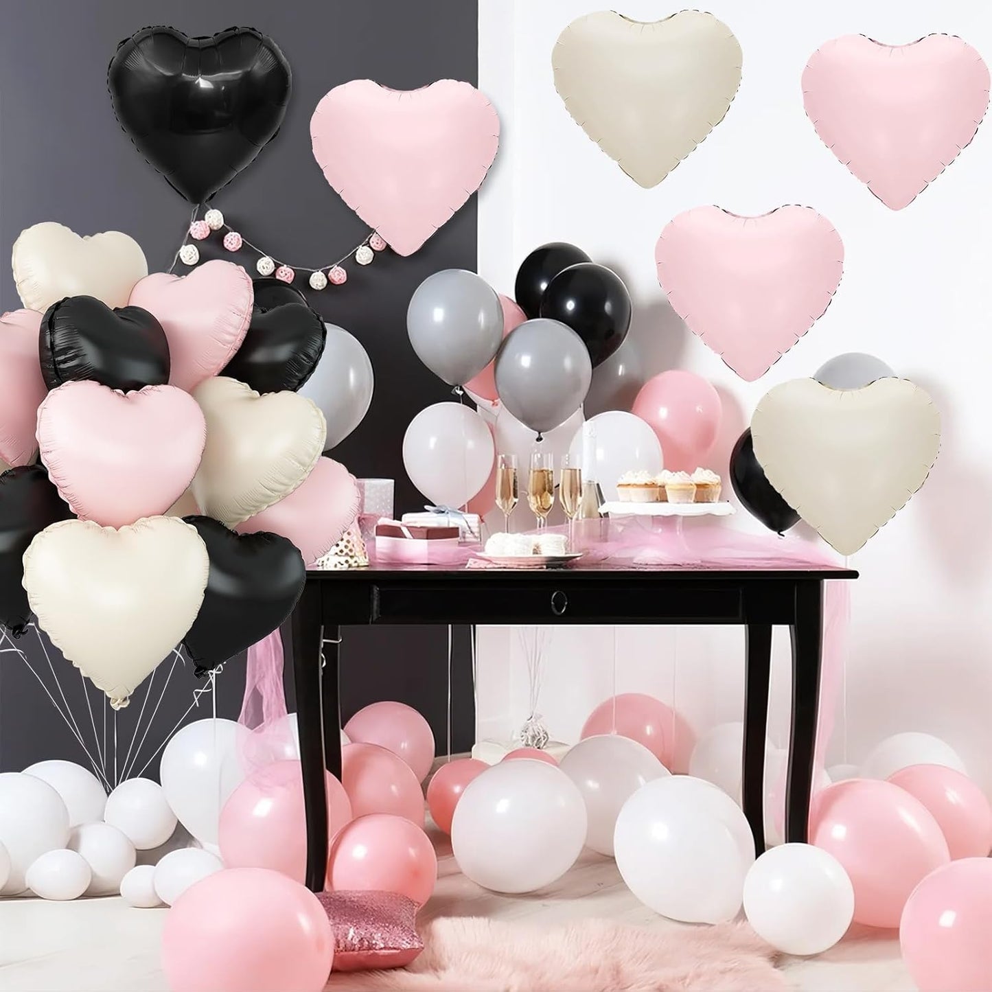 Black Pink White Heart Balloons,12Pcs 18Inch Black Cream White Baby Pink Heart Shaped Foil Helium Polyester Film Balloons for Baby Shower Birthday Anniversary Wedding Engagement Party Decorations