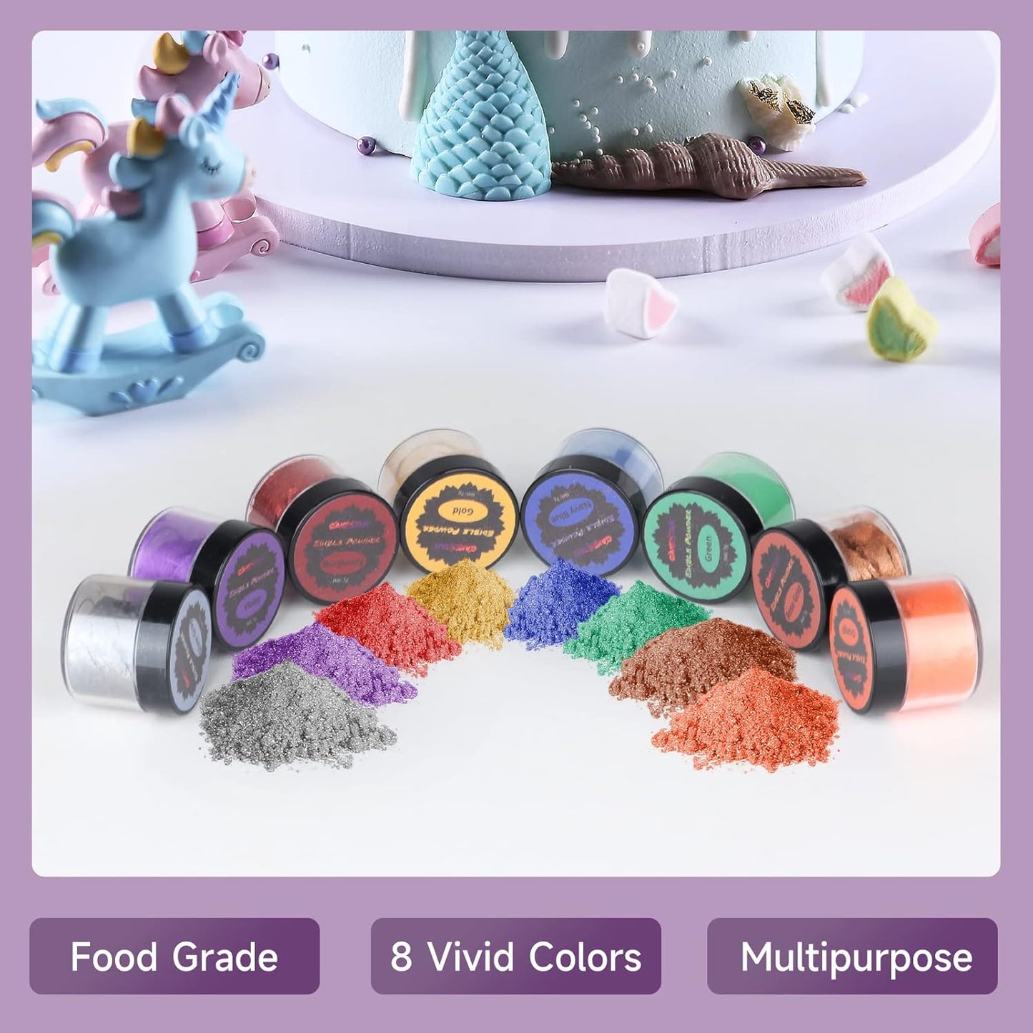 Cakestar Edible Glitter, 8 Colors Edible Luster Dust, Edible Glitters for Drinks, Food Shimmer Dust for Cookies, Cake Decorating, Strawberries, 7g/bottle