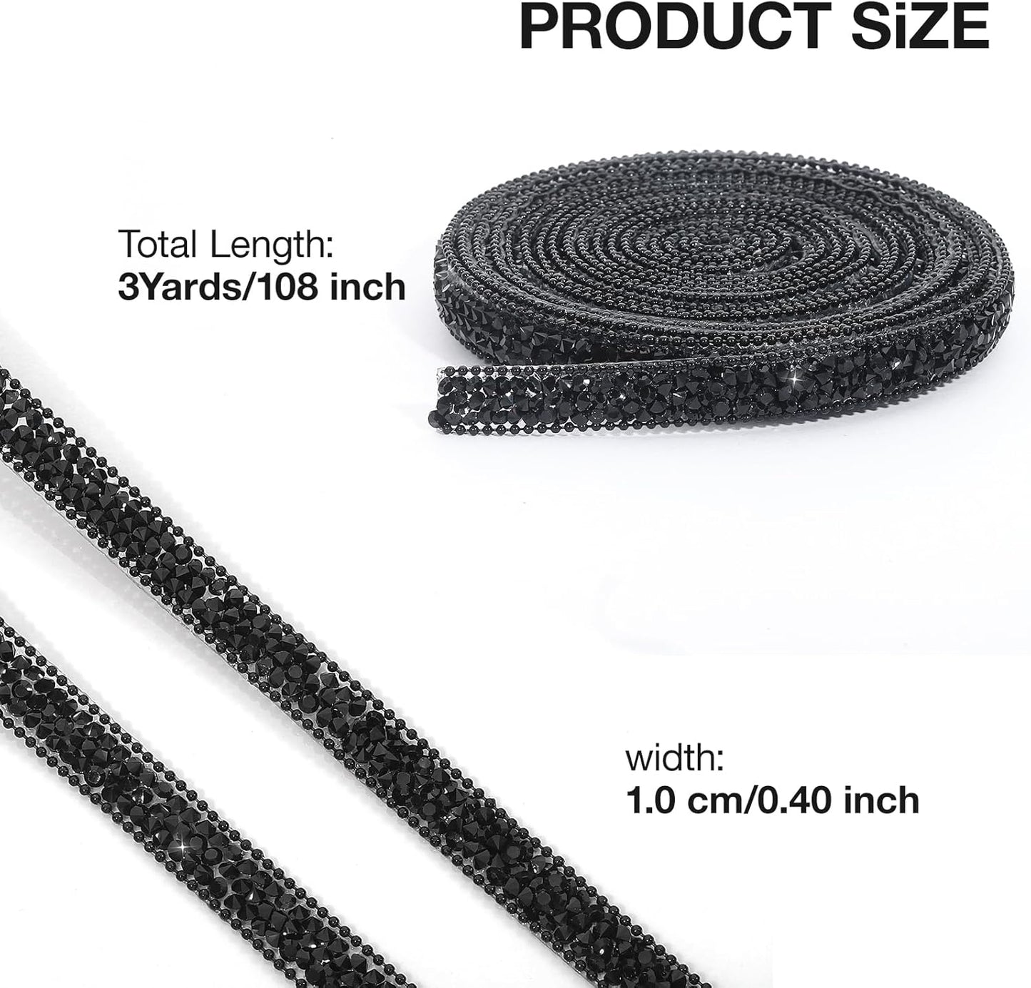 Black Rhinestone Ribbon 3 Yards Self Adhesive Rhinestone Strips Diamond Ribbon Sticker Crystal Roll Glitter Bling Rhinestones Tape for Crafting DIY Art Decoration (0.4 Inch)