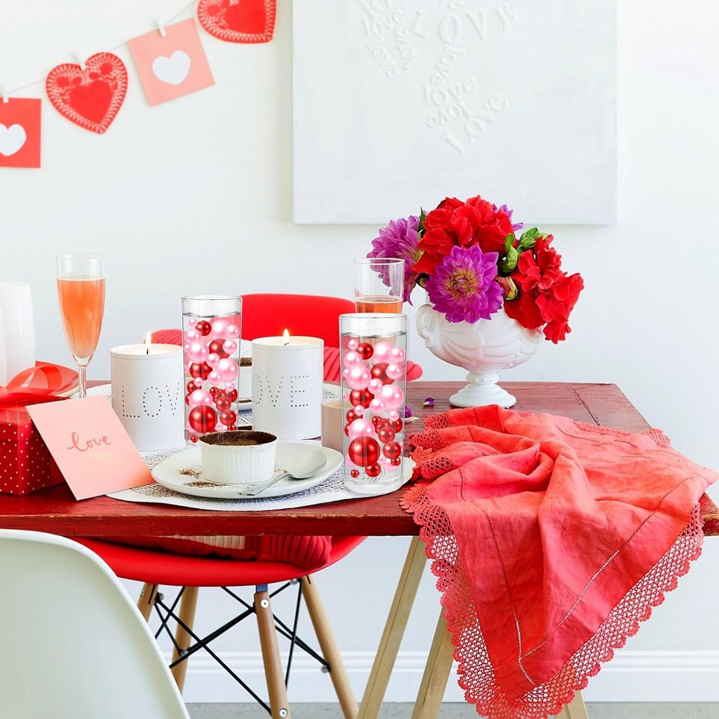 100PCS Red Pink Faux Pearls Beads for Centerpiece Vases, Vase Filler Faux Pearls, No Holes Filler Beads for Party Anniversary Valentine's Day Table Decor, 14/20/30mm