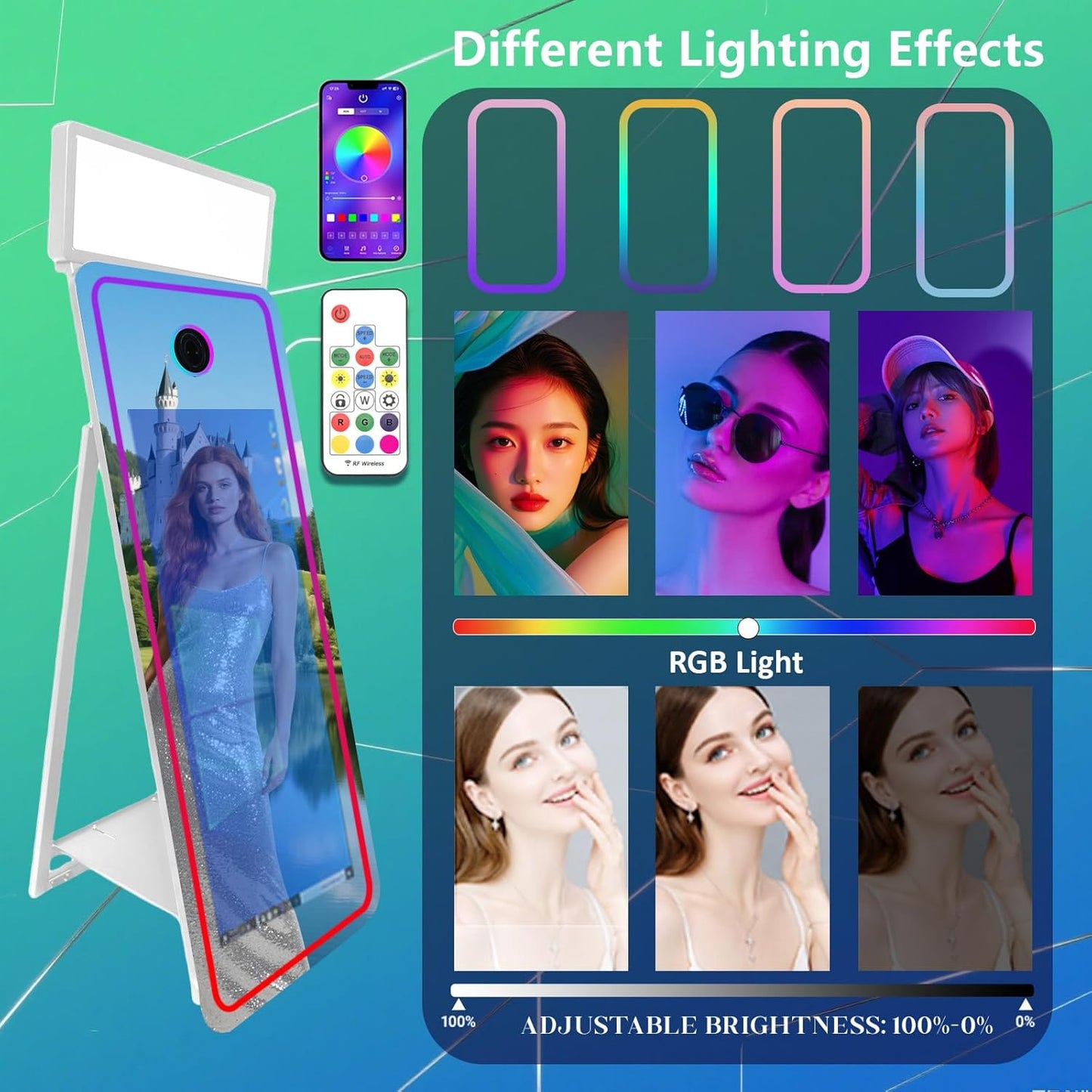65''Magic Mirror Photo Booth Machine,Mirror Photo Booth 43''Touch Screen,Photo Booth with Flight Case,App Control,RGB Light for Wedding Party Events (White, Machine+Camera+Mini Printer)