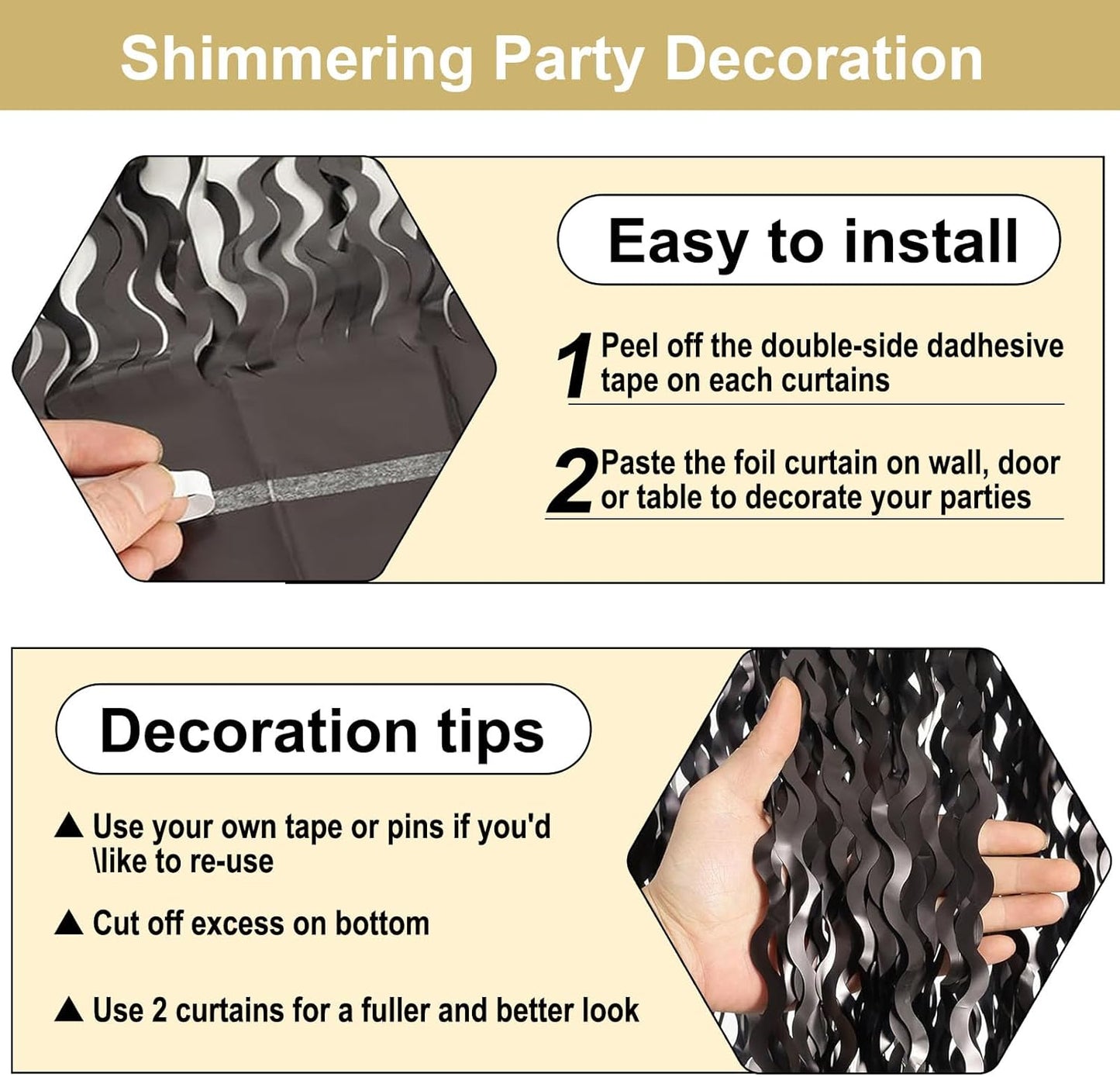 4 Pack Black Wave Foil Fringe Curtain Backdrop, 3.28Ft x 8.2Ft Metallic Tinsel Foil Fringe Streamer Curtains for Photo Booth, Mother's Day, Easter, Birthday, Wedding Party Decoration