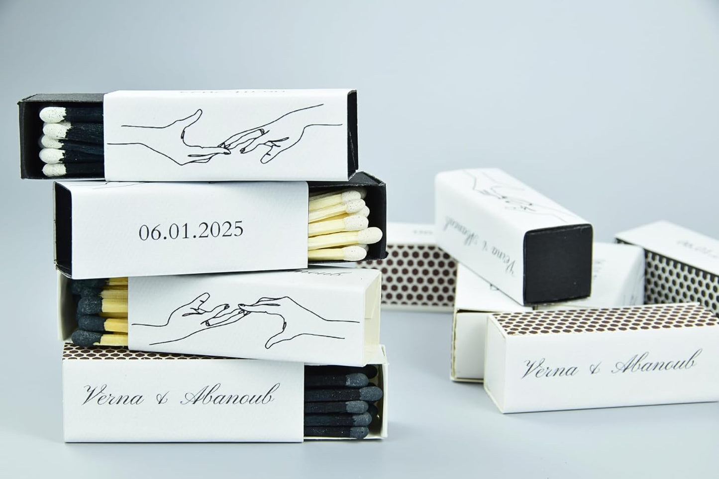 10 Boxes - Customized Matchboxes Colorful Tips (Wedding Design #5, 4" Matchboxes) (2" Matchsticks, Wedding Design #2)