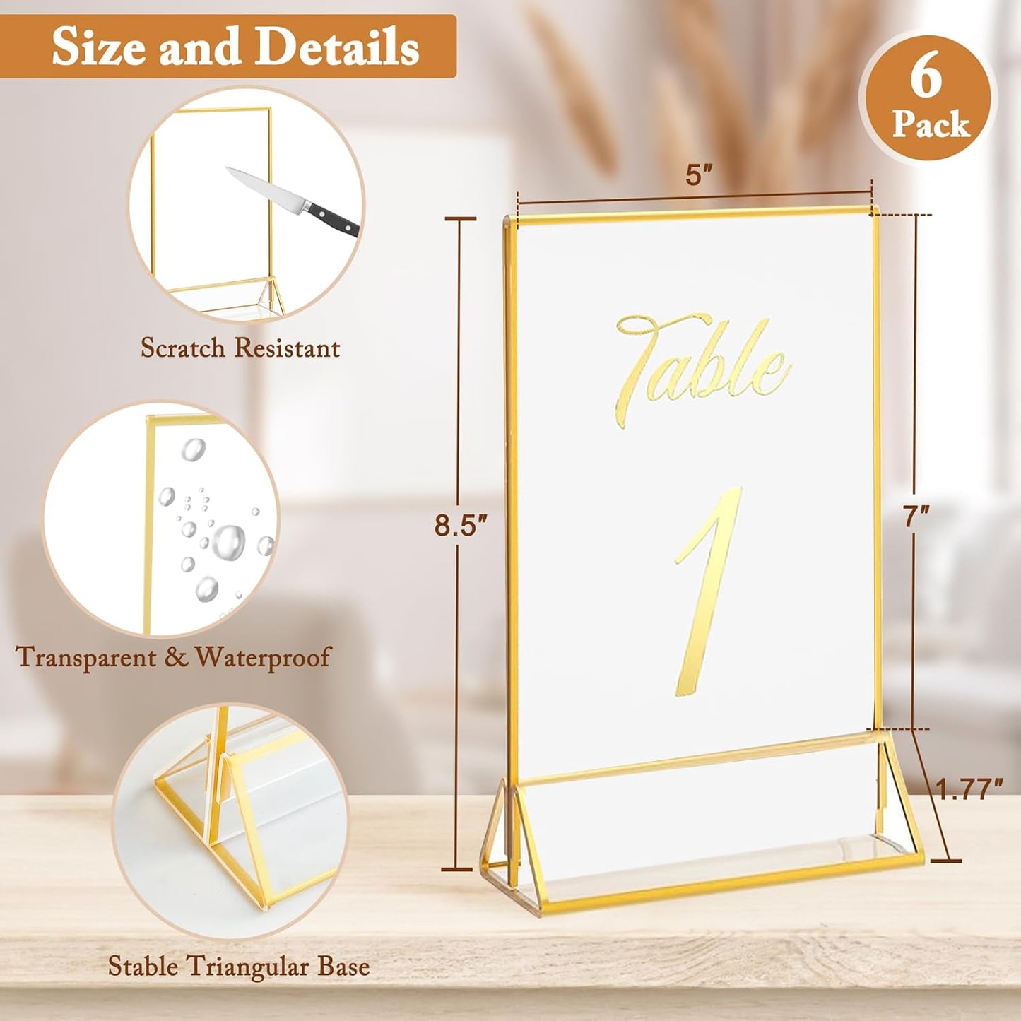 Floroom 6 Pack 5x7 Inch Clear Acrylic Sign Holders, Double-Sided Gold Display Stand Picture Frames for Table Numbers, Menus, Flyers, Weddings, and Offices