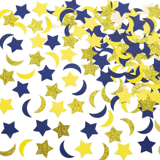 Gold Blue and Yellow Star and Moon Confetti Table Decoration for Graduation Retirement Eid Ramadan Baby Shower Birthday Wedding Theme Party,1.2 inch in Diameter,200 Counts
