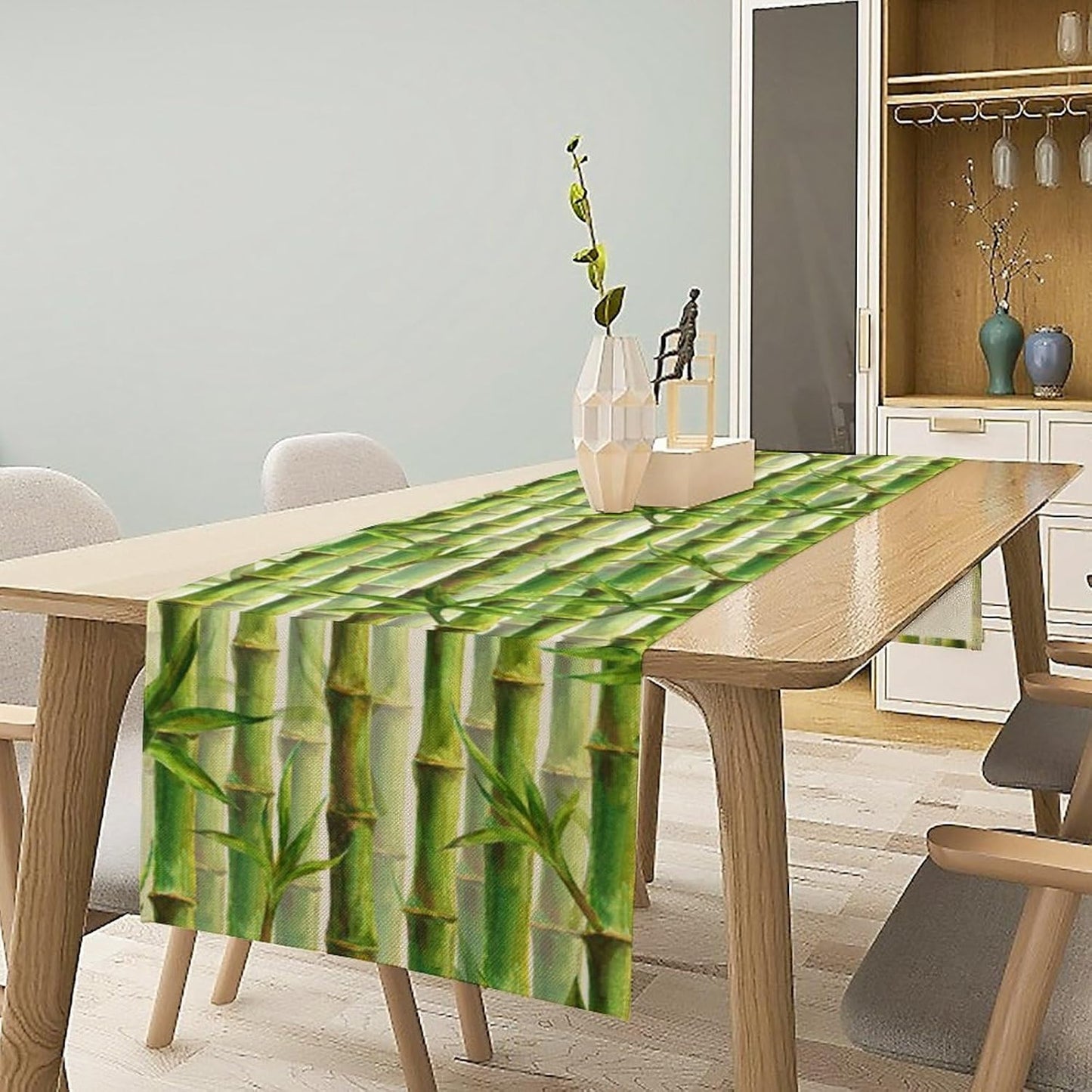 Bamboo Table Runner,Green Plant Print Table Runner for Kitchen Dining Table Home Party Decoration 13x72 Inch