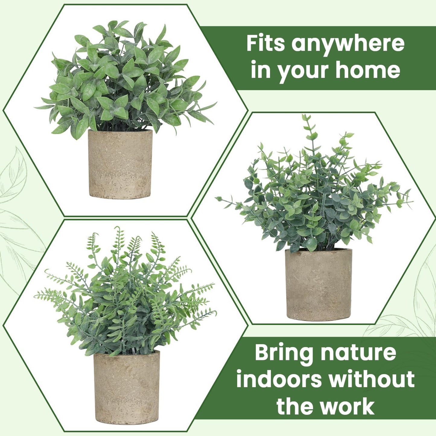 3 Pack Small Fake Plants, Artificial Eucalyptus, Boston Fern & Boxwood Leaves with Gray Paper Pulp Pots, Small Potted Faux Greenery for Home Decor, Bathroom, Shelf, Indoor&Outdoor Decoration