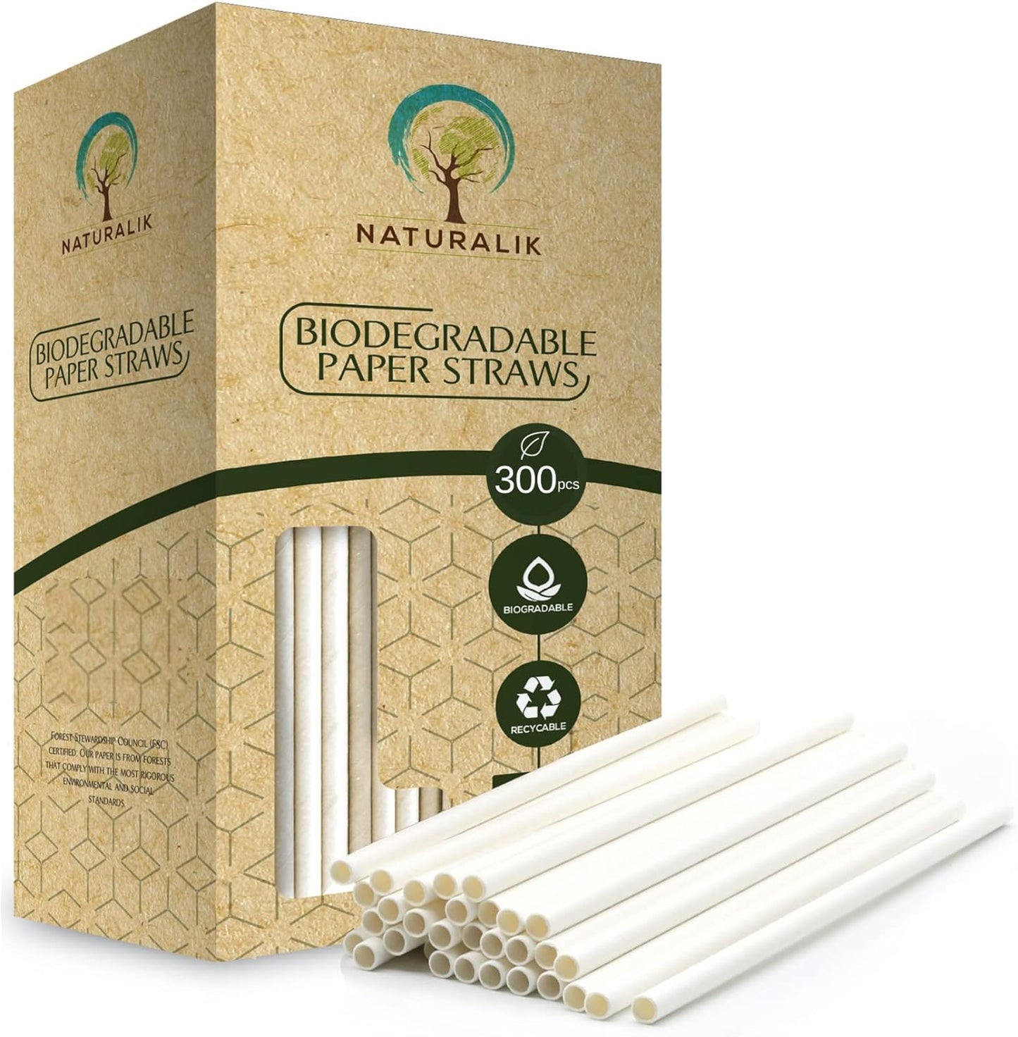 300/1000-Pack Extra Durable White Paper Straws Biodegradable- Premium Eco-Friendly Paper Straws Bulk- Drinking Straws for Juices, Restaurants and Party supplies, 7.7" (White, 300ct)