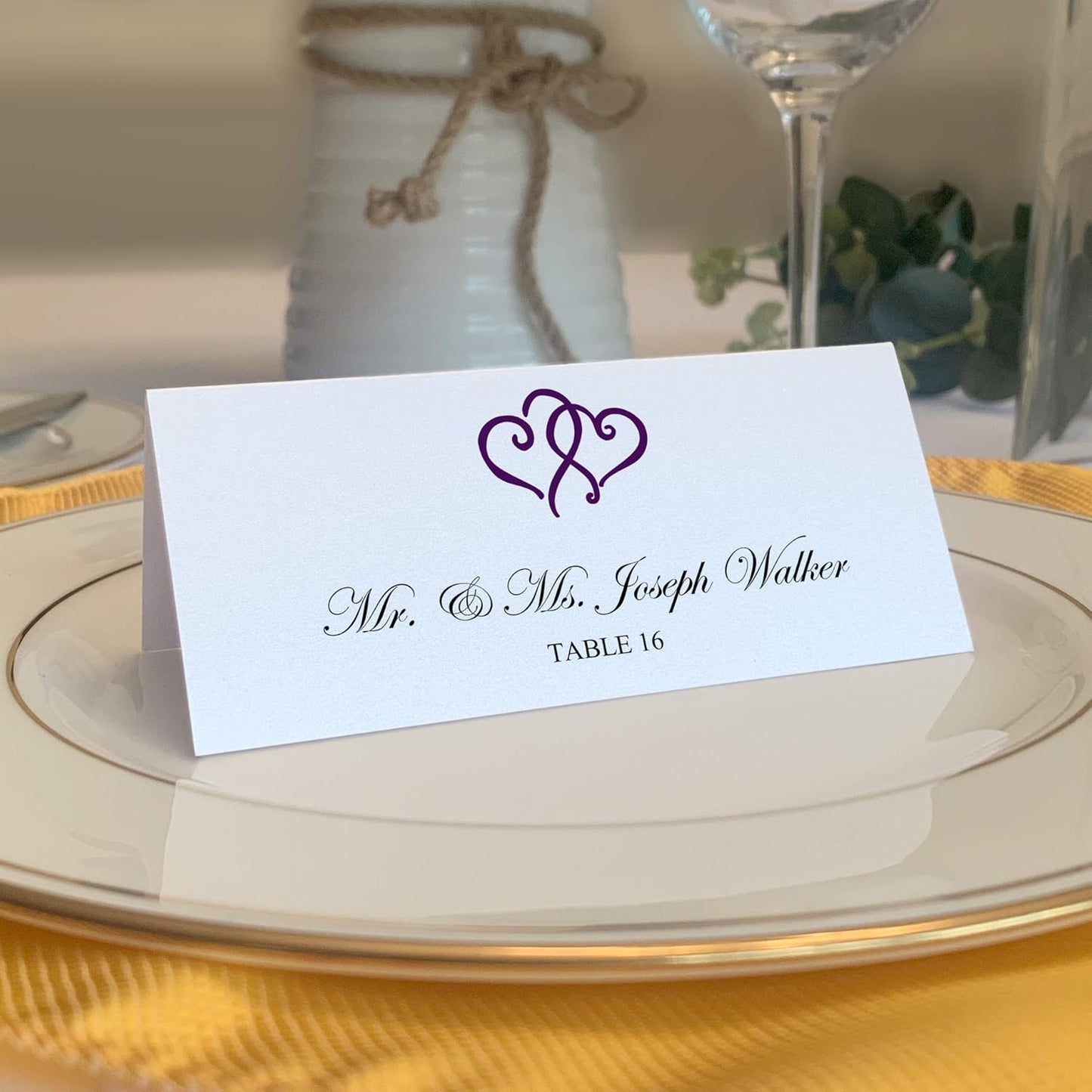 Linked Hearts Place Cards, Eggplant (Choose Color), Set of 25, Pre-cut and Scored - Wedding, Party, Dinner, and Special Events - Made in the USA
