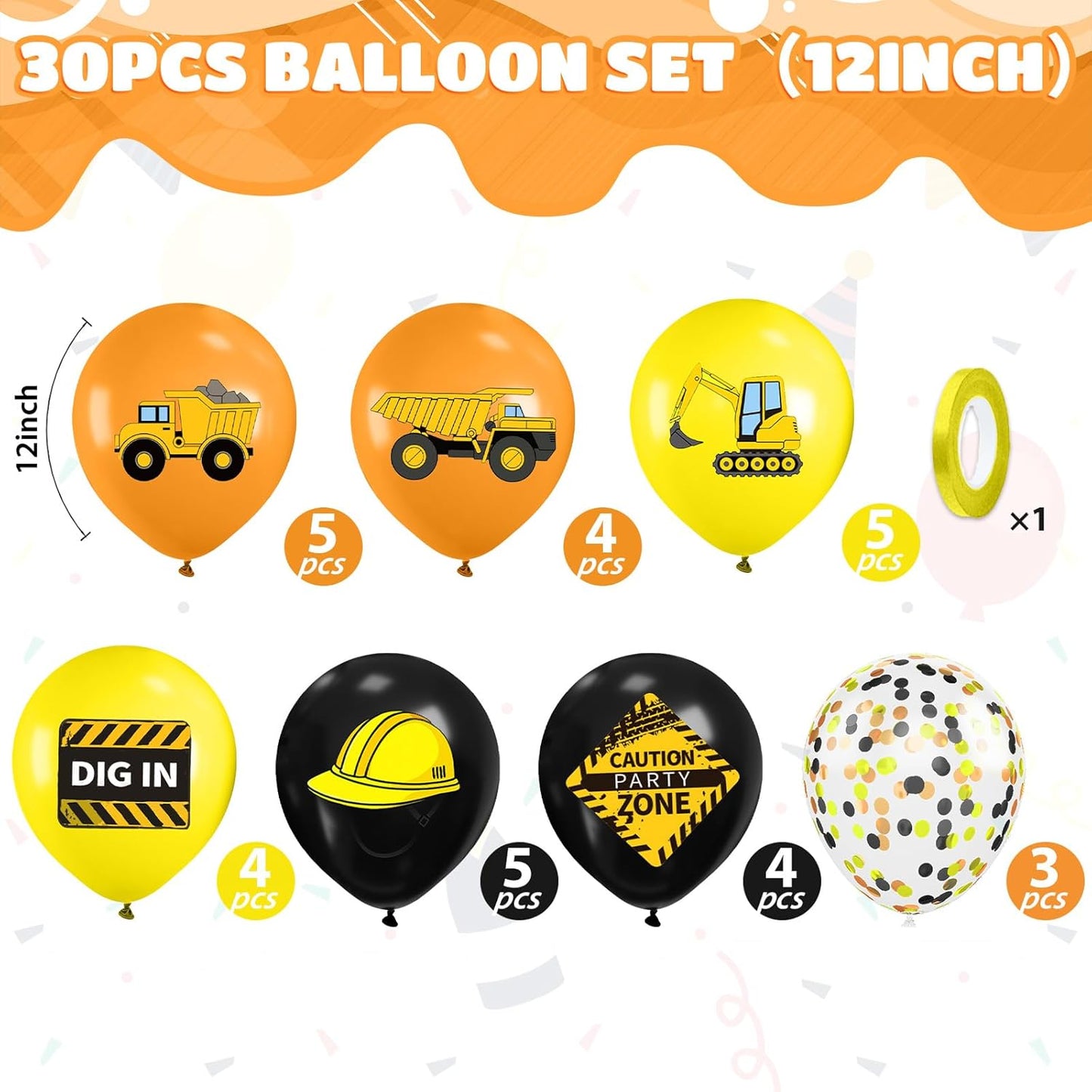 Construction Balloons, 12 Inch Black Yellow Orange Truck Printed Confetti Balloons for Boy Birthday Party Supplies Excavator Baby Shower Truck Themed Party Decoration Backdrop
