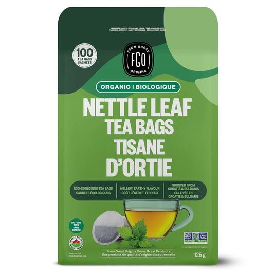 FGO Organic Nettle Leaf Tea, 100 Count, Eco-Conscious Tea Bags, Caffeine Free, Resealable Bag, Packaging May Vary (Pack of 1)