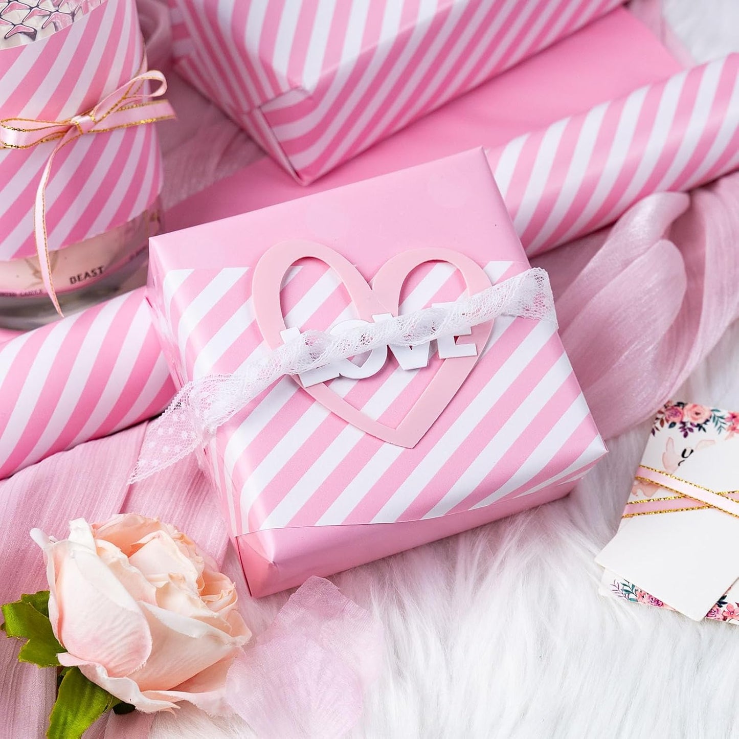 Burymento Pink and White Stripes Wrapping Paper, Reversible Pink Gift Wrap for Birthday, Valentines, Mothers day, Graduation, Wedding, Fathers day, Baby Shower, Christmas (17in x 32.8ft)